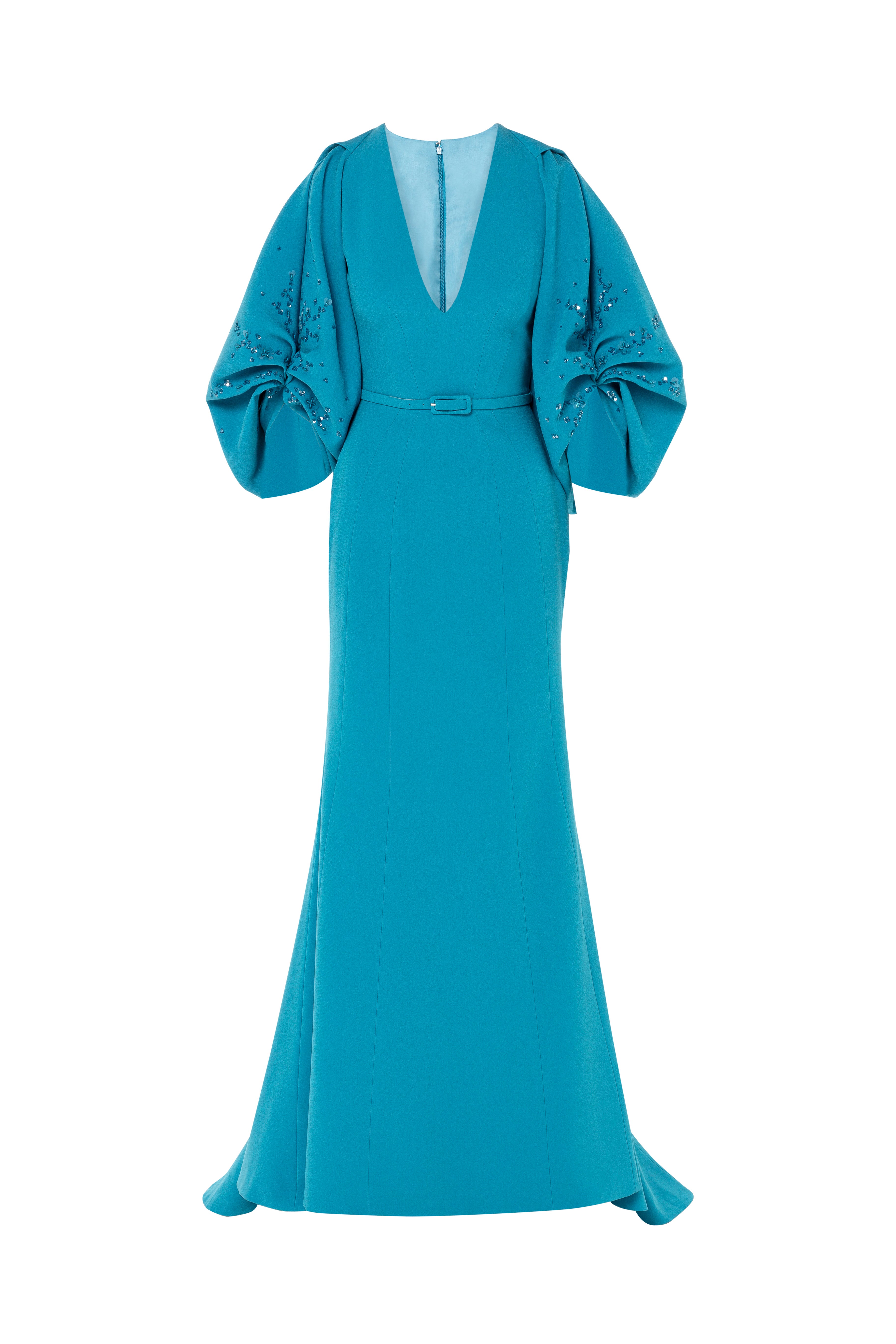 bridemaids dress, mother of the bride, sleeves, sculptural, beaded sleeves, full length, voluminous sleeves, big sleeve dress, mermaid dress, long dress, evening dress, blue dress, v neckline, raglan sleeves, red carpet dress, ready to wear designer, evening dress Dubai, buy dress Dubai, fashion designer Dubai, SS24 collection, Spring summer collection, gala dress