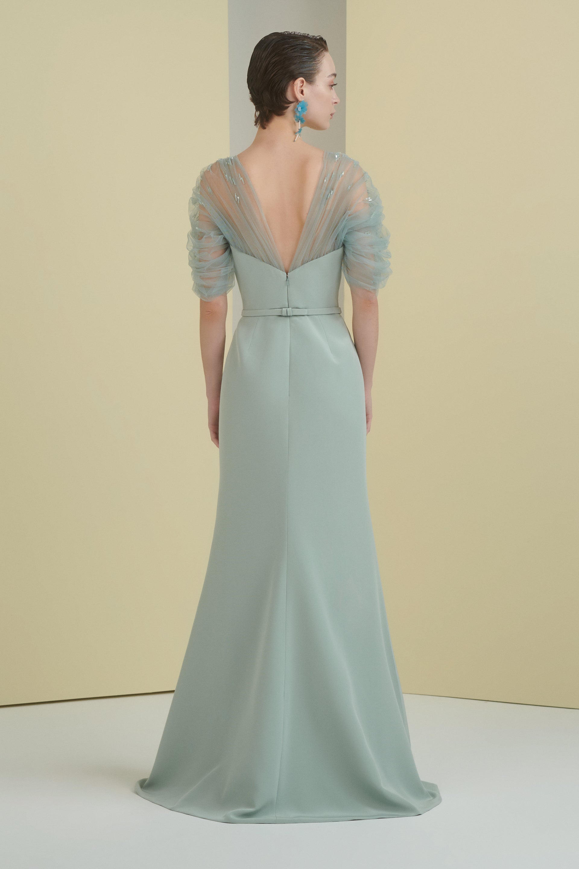 tulle sleeves, beaded tulle, mother of the bride, dress with slit, full length, fit and flare, wrap neckline, long dress, v neckline, evening dress, green dress, beading, sequin dress, red carpet dress, ready to wear designer, evening dress Dubai, buy dress Dubai, fashion designer Dubai, SS24 collection, Spring summer collection, gala dress