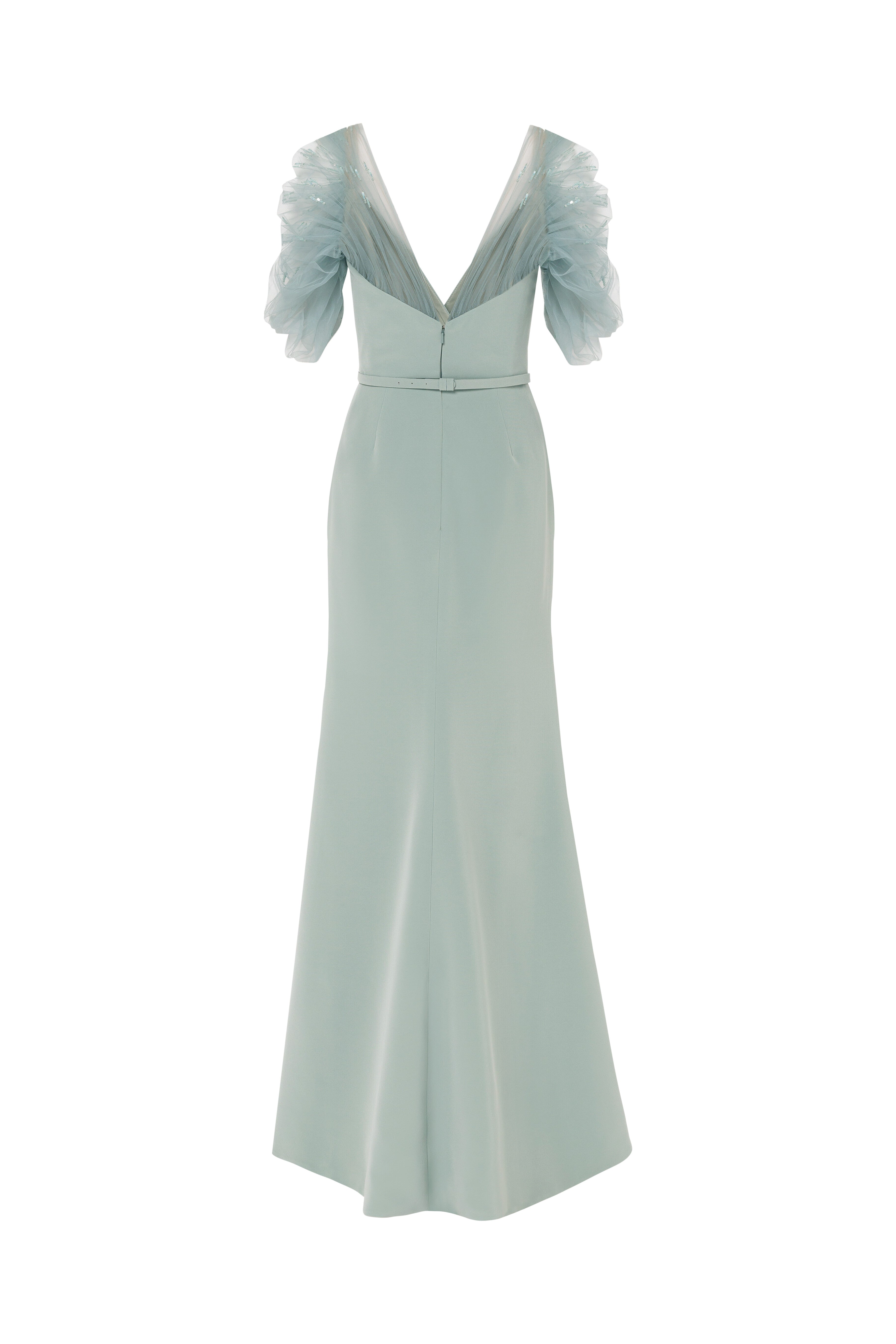 tulle sleeves, beaded tulle, mother of the bride, dress with slit, full length, fit and flare, wrap neckline, long dress, v neckline, evening dress, green dress, beading, sequin dress, red carpet dress, ready to wear designer, evening dress Dubai, buy dress Dubai, fashion designer Dubai, SS24 collection, Spring summer collection, gala dress