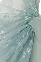 tulle sleeves, beaded tulle, mother of the bride, dress with slit, full length, fit and flare, wrap neckline, long dress, v neckline, evening dress, green dress, beading, sequin dress, red carpet dress, ready to wear designer, evening dress Dubai, buy dress Dubai, fashion designer Dubai, SS24 collection, Spring summer collection, gala dress