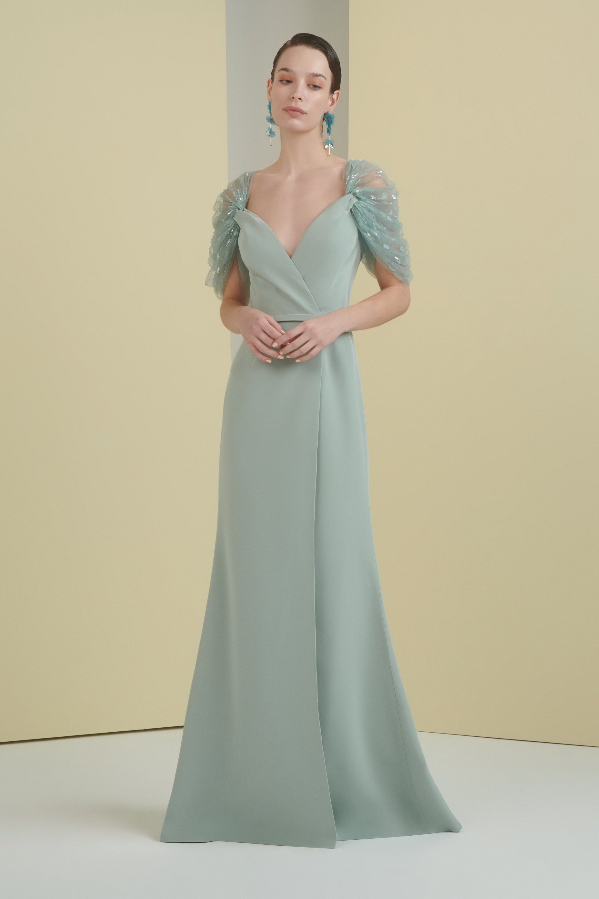 tulle sleeves, beaded tulle, mother of the bride, dress with slit, full length, fit and flare, wrap neckline, long dress, v neckline, evening dress, green dress, beading, sequin dress, red carpet dress, ready to wear designer, evening dress Dubai, buy dress Dubai, fashion designer Dubai, SS24 collection, Spring summer collection, gala dress