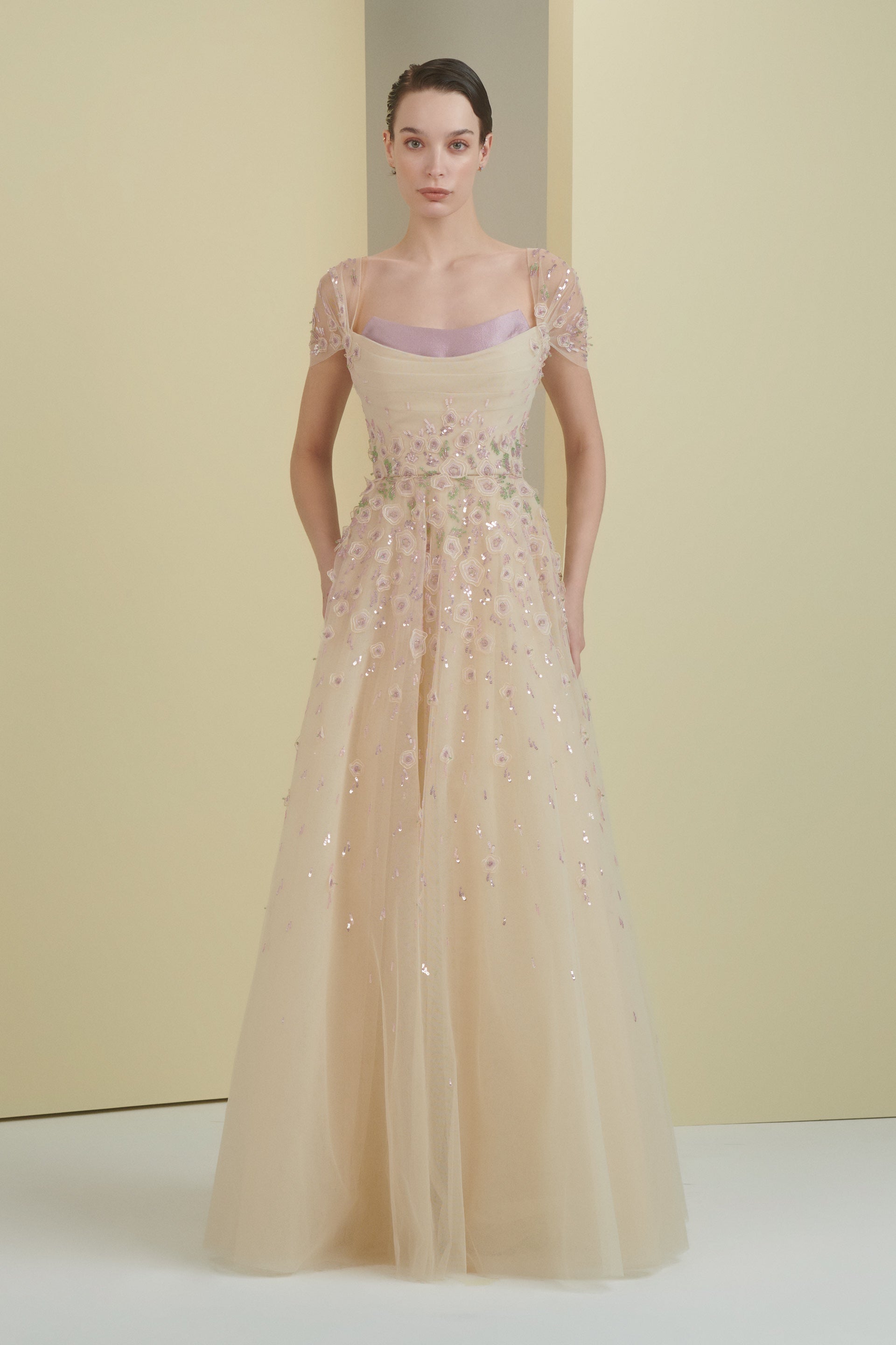 tulle dress, bead tulle dress, beading, ball gown, mother of the bride, full length, long dress, cape sleeves, evening dress, cream dress, colour block dress, beading dress, 3d embellished dress, red carpet dress, ready to wear designer, evening dress Dubai, buy dress Dubai, fashion designer Dubai, SS24 collection, Spring summer collection, gala dress
