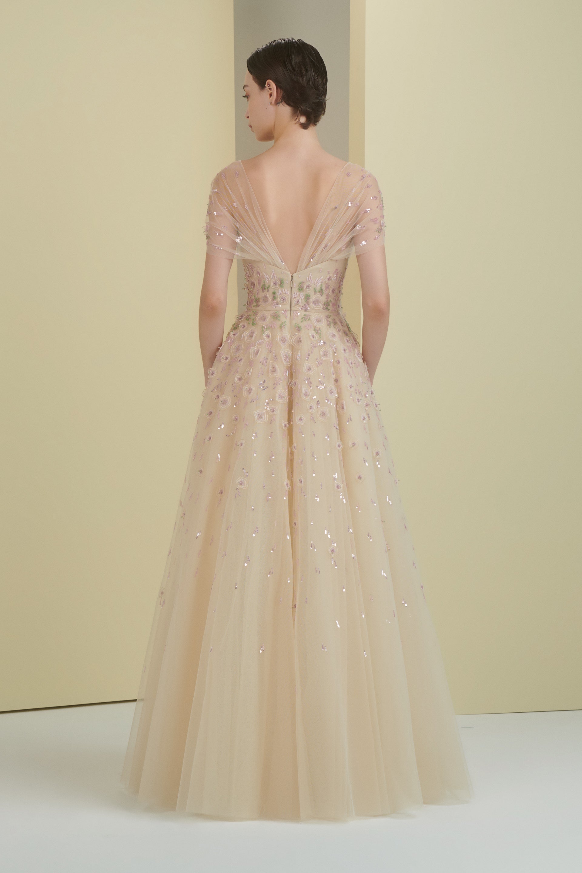 tulle dress, bead tulle dress, beading, ball gown, mother of the bride, full length, long dress, cape sleeves, evening dress, cream dress, colour block dress, beading dress, 3d embellished dress, red carpet dress, ready to wear designer, evening dress Dubai, buy dress Dubai, fashion designer Dubai, SS24 collection, Spring summer collection, gala dress