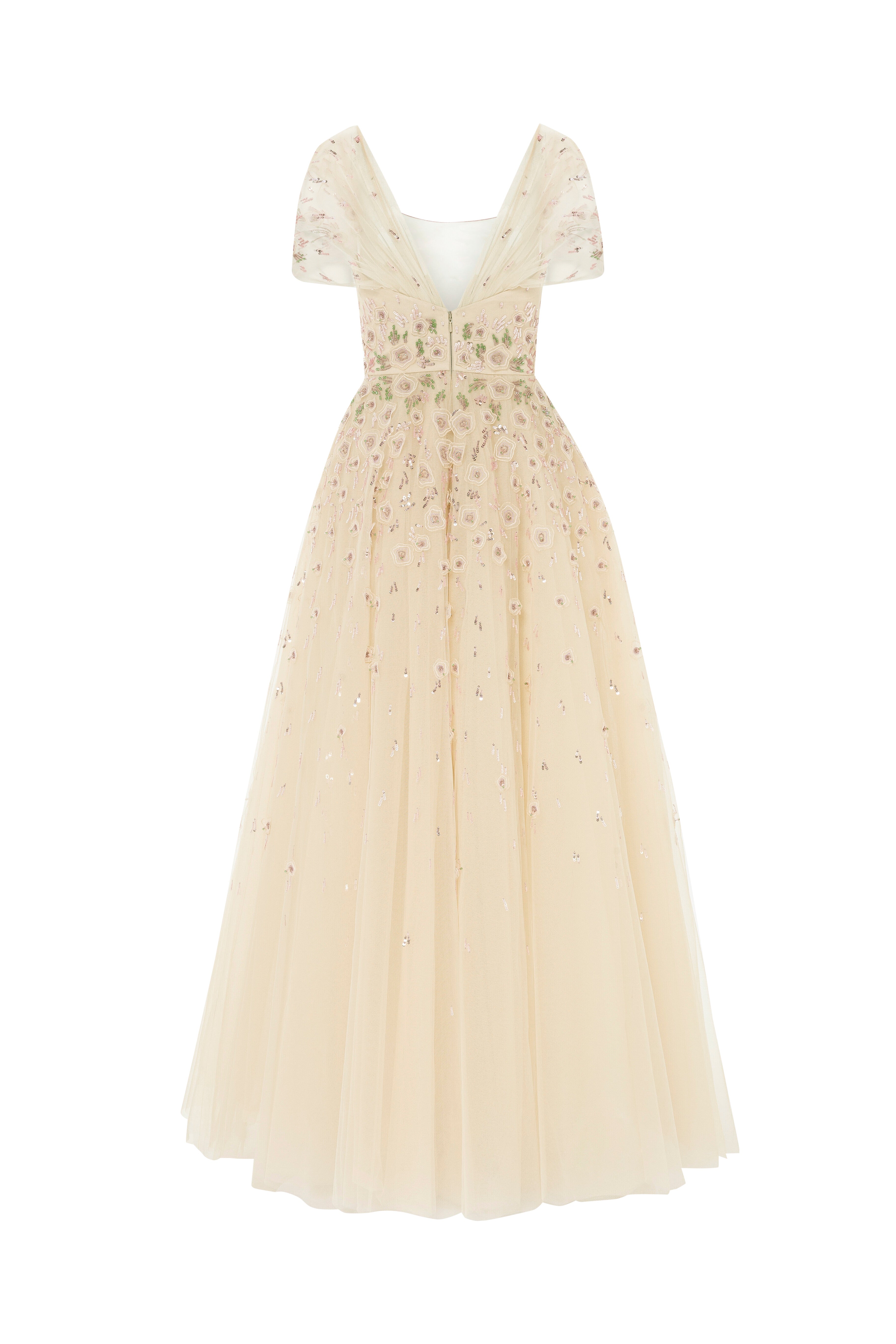 tulle dress, bead tulle dress, beading, ball gown, mother of the bride, full length, long dress, cape sleeves, evening dress, cream dress, colour block dress, beading dress, 3d embellished dress, red carpet dress, ready to wear designer, evening dress Dubai, buy dress Dubai, fashion designer Dubai, SS24 collection, Spring summer collection, gala dress