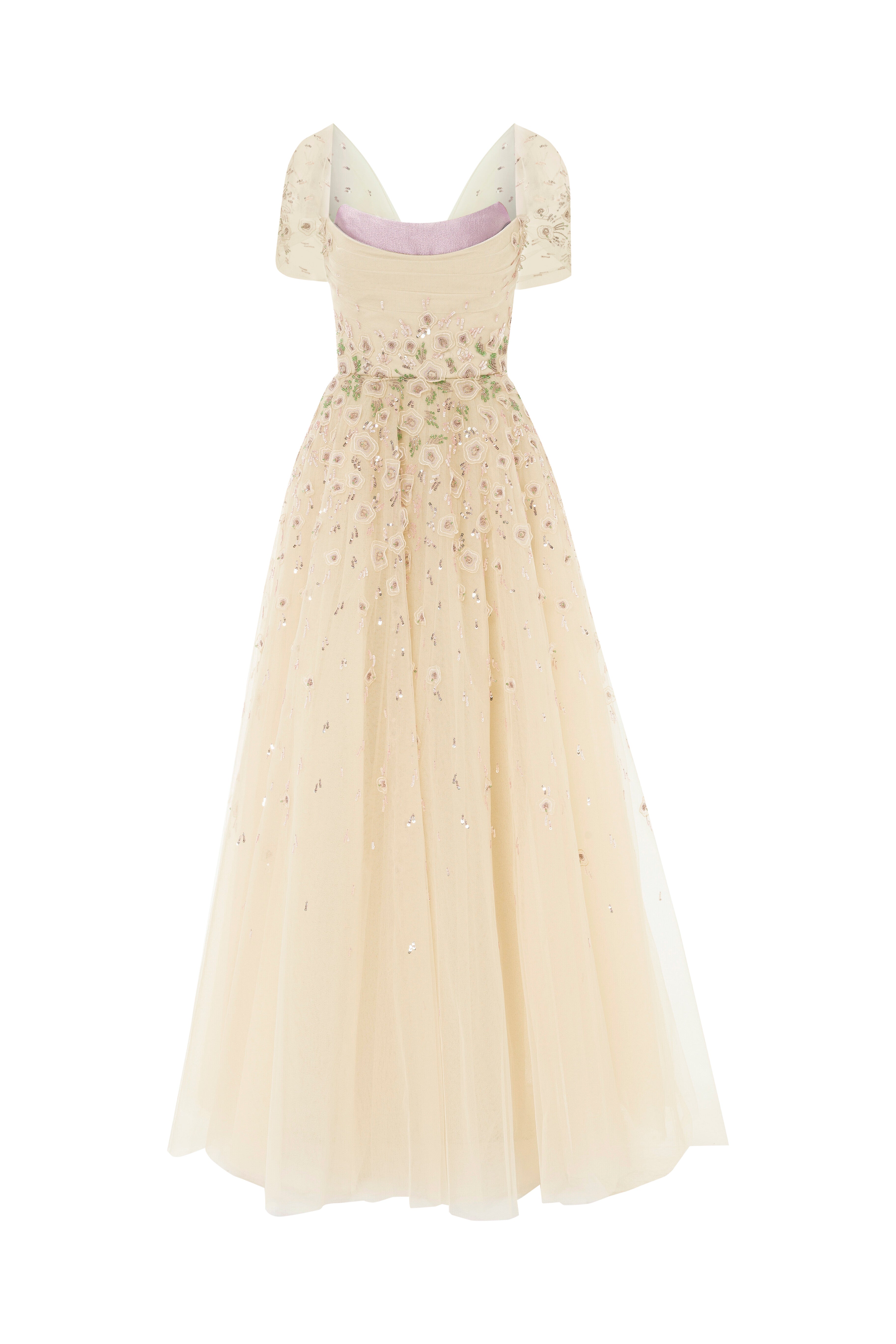 tulle dress, bead tulle dress, beading, ball gown, mother of the bride, full length, long dress, cape sleeves, evening dress, cream dress, colour block dress, beading dress, 3d embellished dress, red carpet dress, ready to wear designer, evening dress Dubai, buy dress Dubai, fashion designer Dubai, SS24 collection, Spring summer collection, gala dress