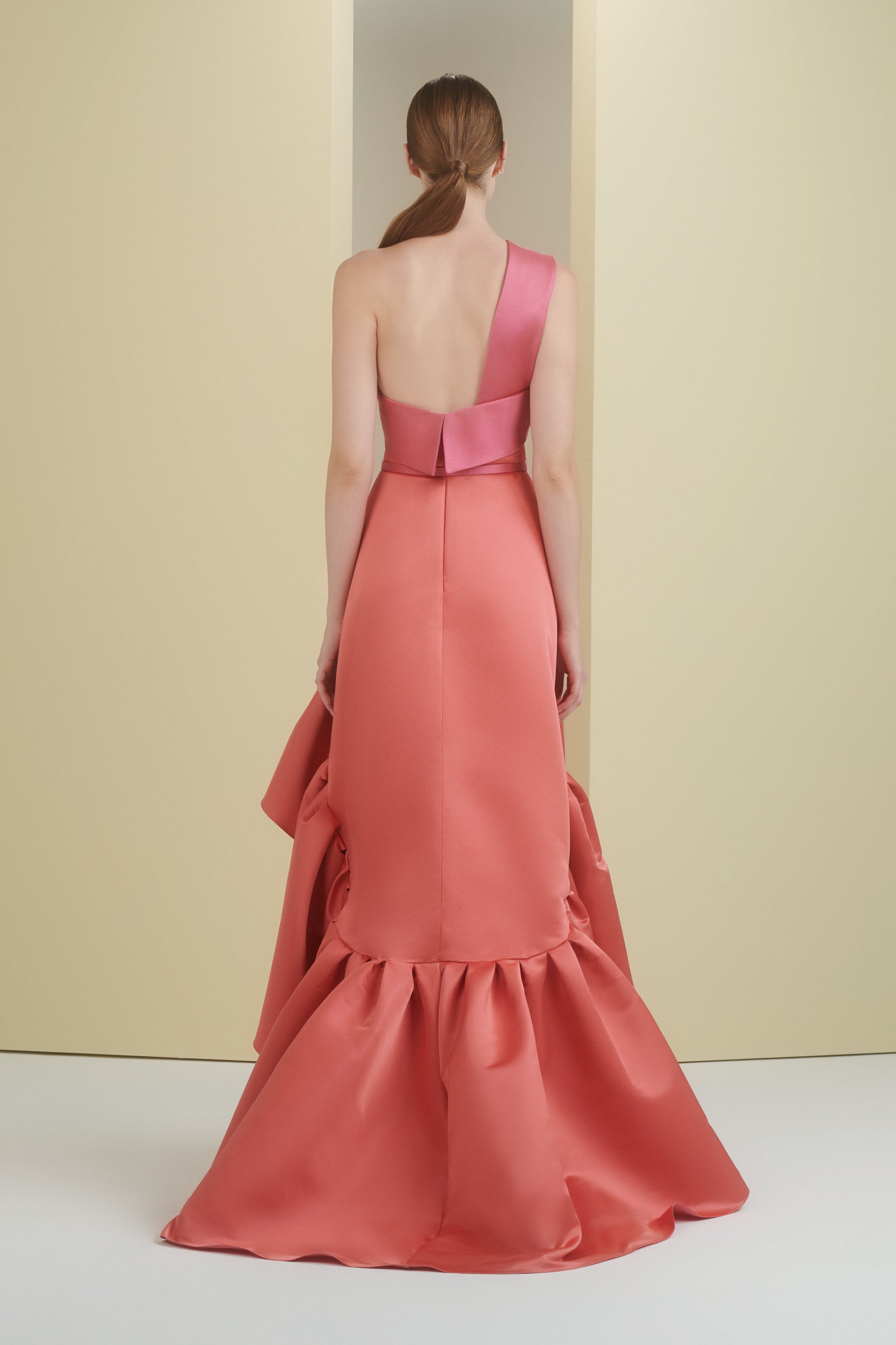 one shoulder, ruffle dress, high low dress, ruffles, red dress, colour block dress, party dress, evening dress, red carpet dress, ready to wear designer, evening dress Dubai, buy dress Dubai, fashion designer Dubai, SS24 collection, Spring summer collection, gala dress