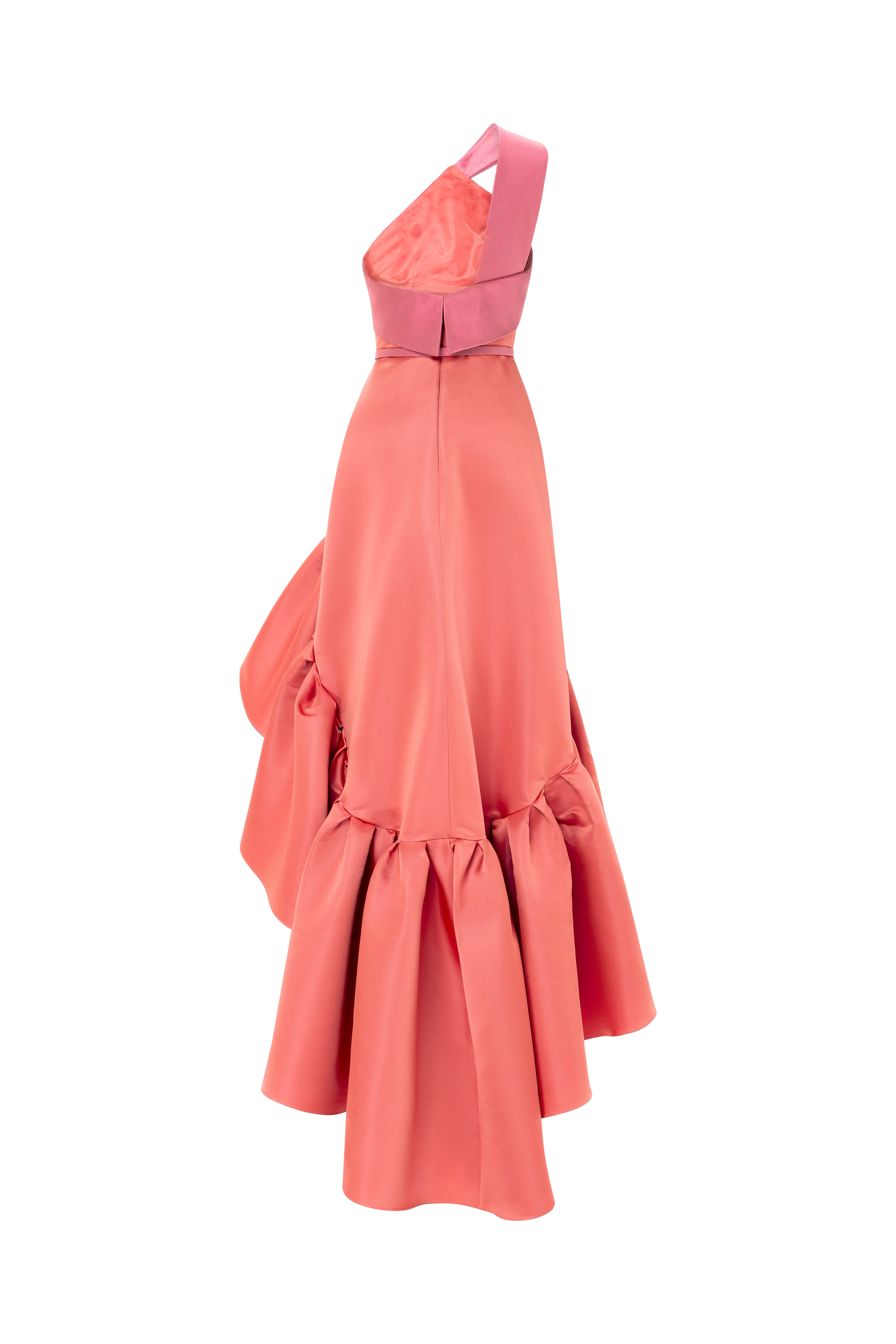 one shoulder, ruffle dress, high low dress, ruffles, red dress, colour block dress, party dress, evening dress, red carpet dress, ready to wear designer, evening dress Dubai, buy dress Dubai, fashion designer Dubai, SS24 collection, Spring summer collection, gala dress