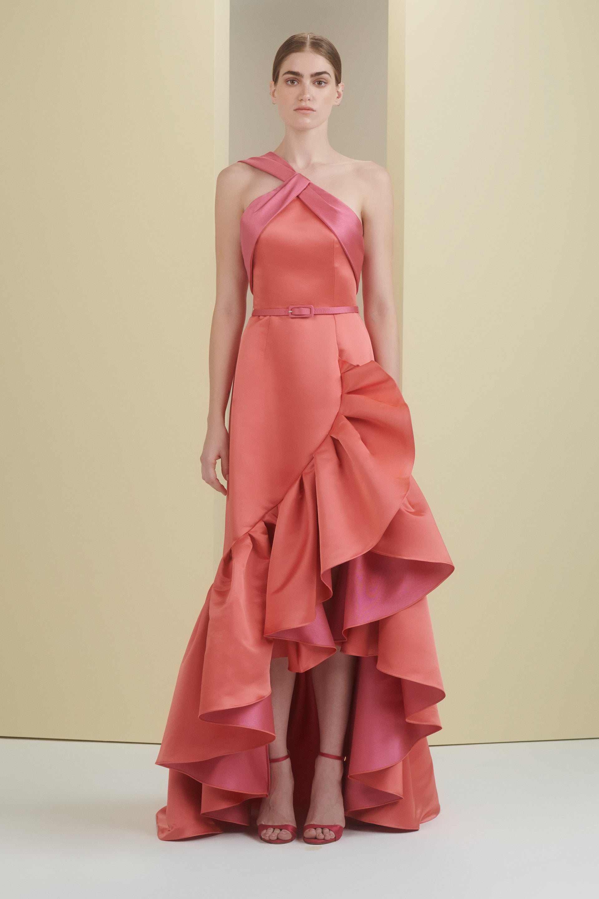 one shoulder, ruffle dress, high low dress, ruffles, red dress, colour block dress, party dress, evening dress, red carpet dress, ready to wear designer, evening dress Dubai, buy dress Dubai, fashion designer Dubai, SS24 collection, Spring summer collection, gala dress