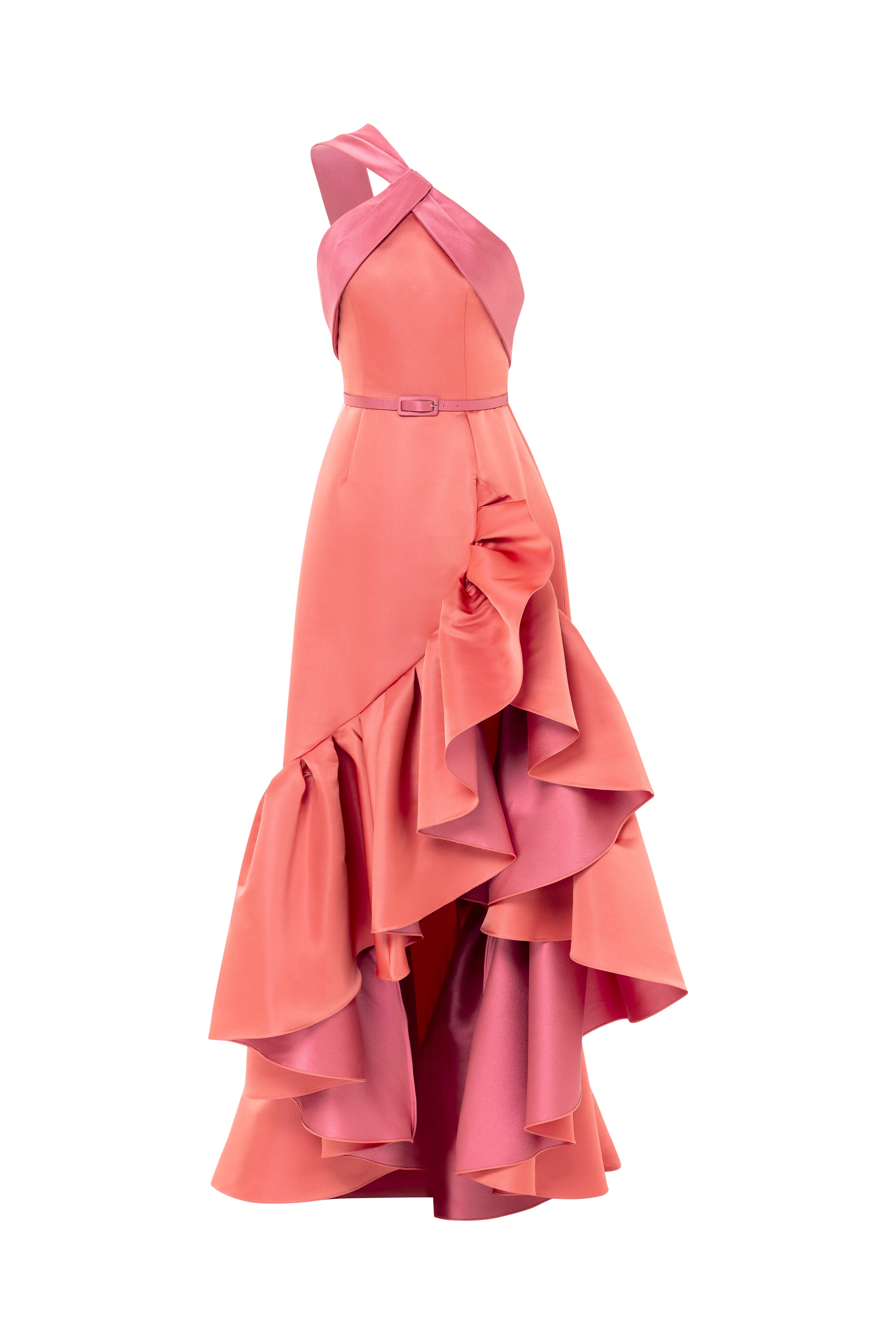 one shoulder, ruffle dress, high low dress, ruffles, red dress, colour block dress, party dress, evening dress, red carpet dress, ready to wear designer, evening dress Dubai, buy dress Dubai, fashion designer Dubai, SS24 collection, Spring summer collection, gala dress