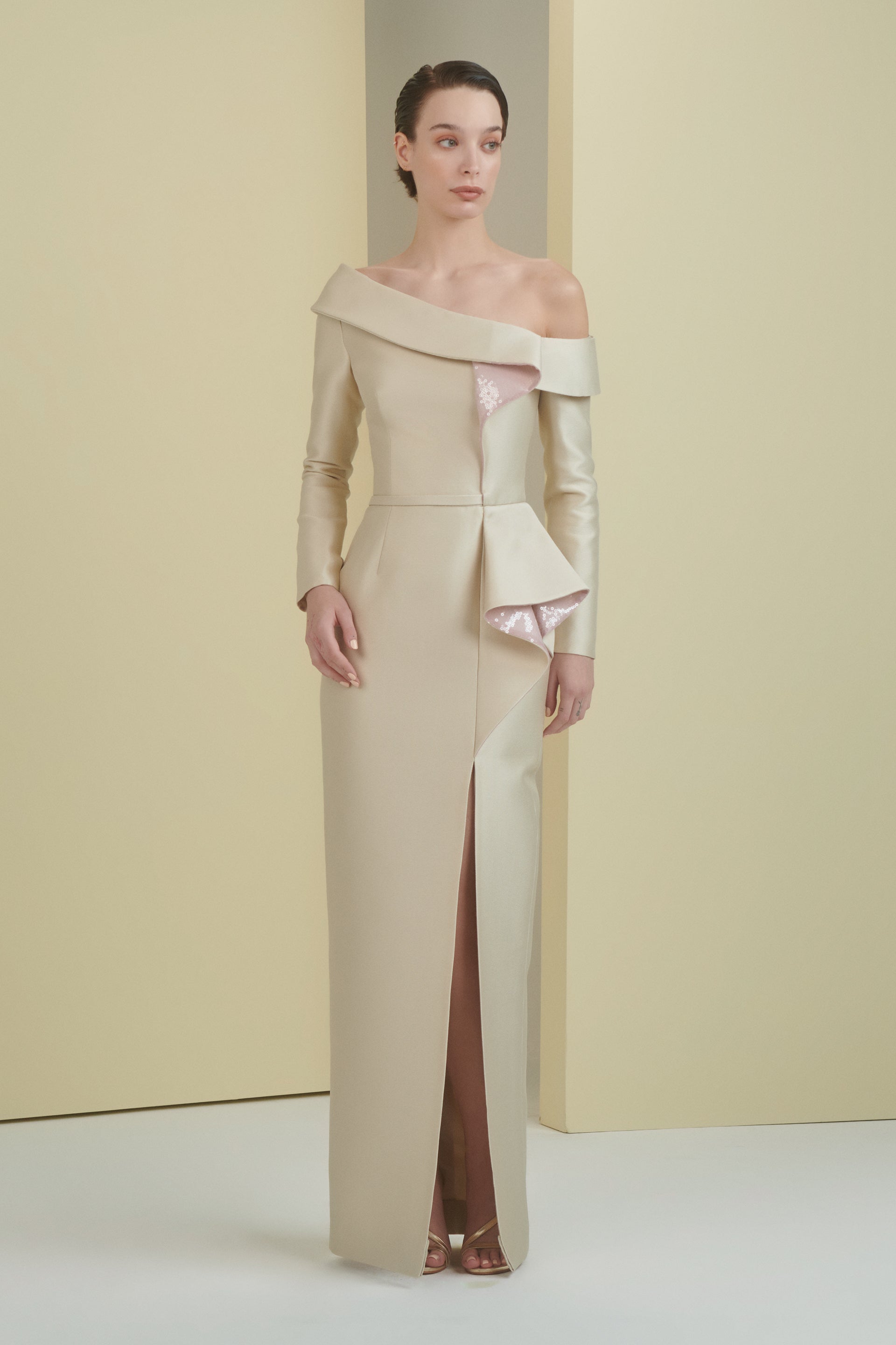 ruffle dress, sculptural dress, asymmetrical neckline, full length, sleeves, mother of the bride, column dress, dress with slit, sequin dress, cream dress, long dress, evening dress, fitted dress, red carpet dress, ready to wear designer, evening dress Dubai, buy dress Dubai, fashion designer Dubai, SS24 collection, Spring summer collection, gala dress