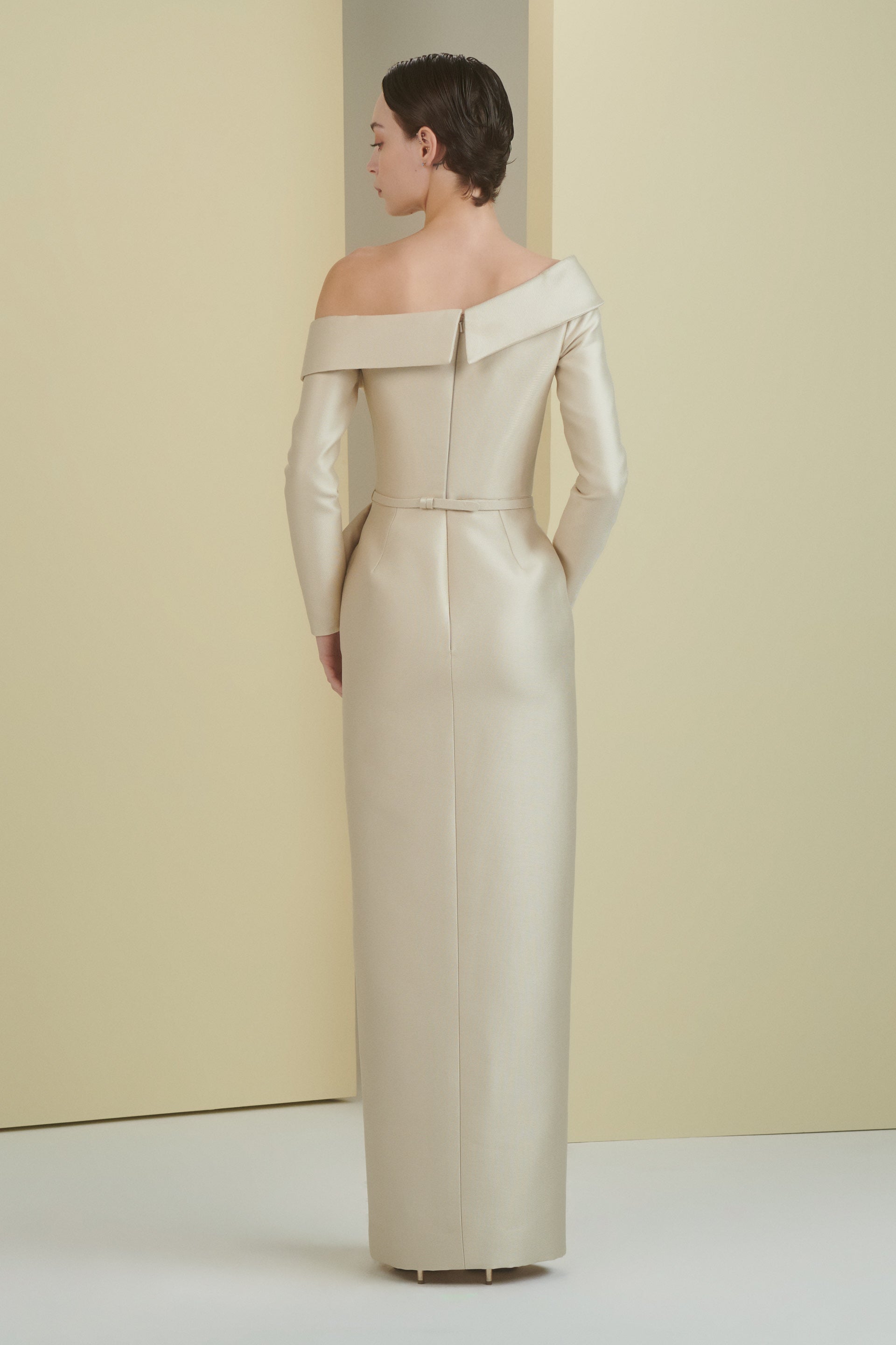 ruffle dress, sculptural dress, asymmetrical neckline, full length, sleeves, mother of the bride, column dress, dress with slit, sequin dress, cream dress, long dress, evening dress, fitted dress, red carpet dress, ready to wear designer, evening dress Dubai, buy dress Dubai, fashion designer Dubai, SS24 collection, Spring summer collection, gala dress