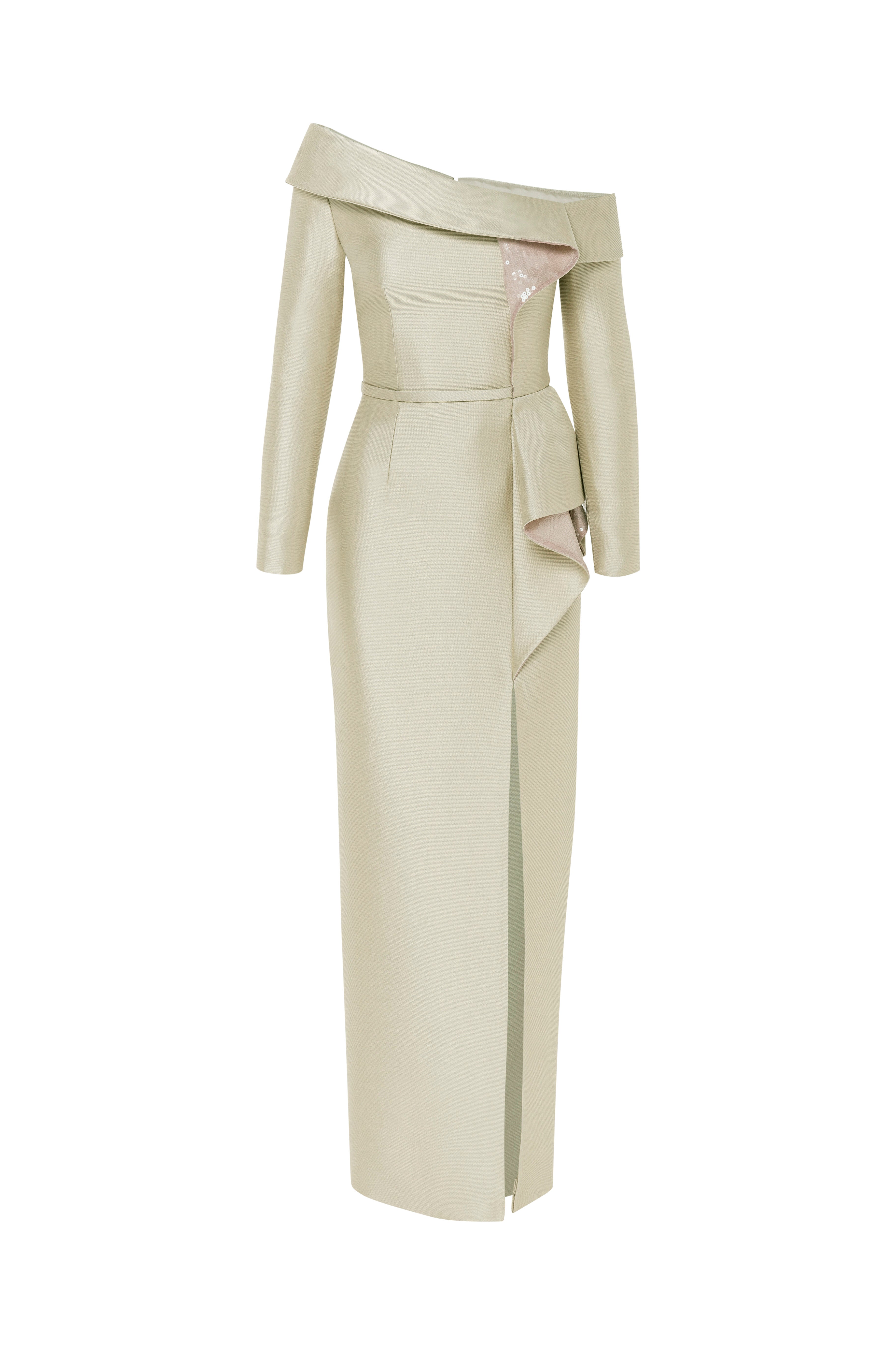 ruffle dress, sculptural dress, asymmetrical neckline, full length, sleeves, mother of the bride, column dress, dress with slit, sequin dress, cream dress, long dress, evening dress, fitted dress, red carpet dress, ready to wear designer, evening dress Dubai, buy dress Dubai, fashion designer Dubai, SS24 collection, Spring summer collection, gala dress