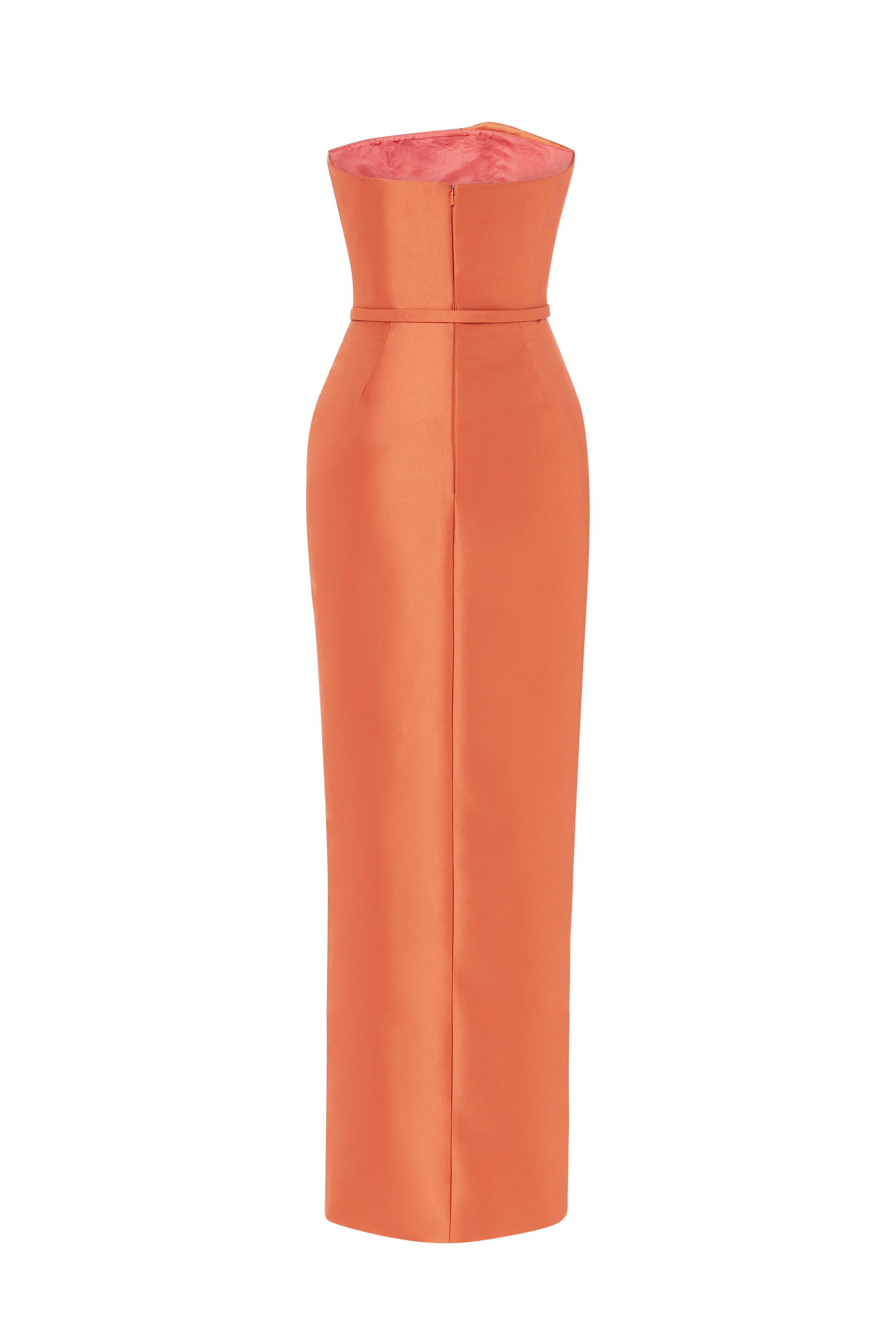 full length, sculptural, column dress, beaded long dress, party dress, dress wth slit, tangerine dress, orange dress, colour block dress, fitted dress, beading dress, 3d embellished dress, red carpet dress, strapless dress, ready to wear designer, evening dress Dubai, buy dress Dubai, fashion designer Dubai, SS24 collection, Spring summer collection, gala dress