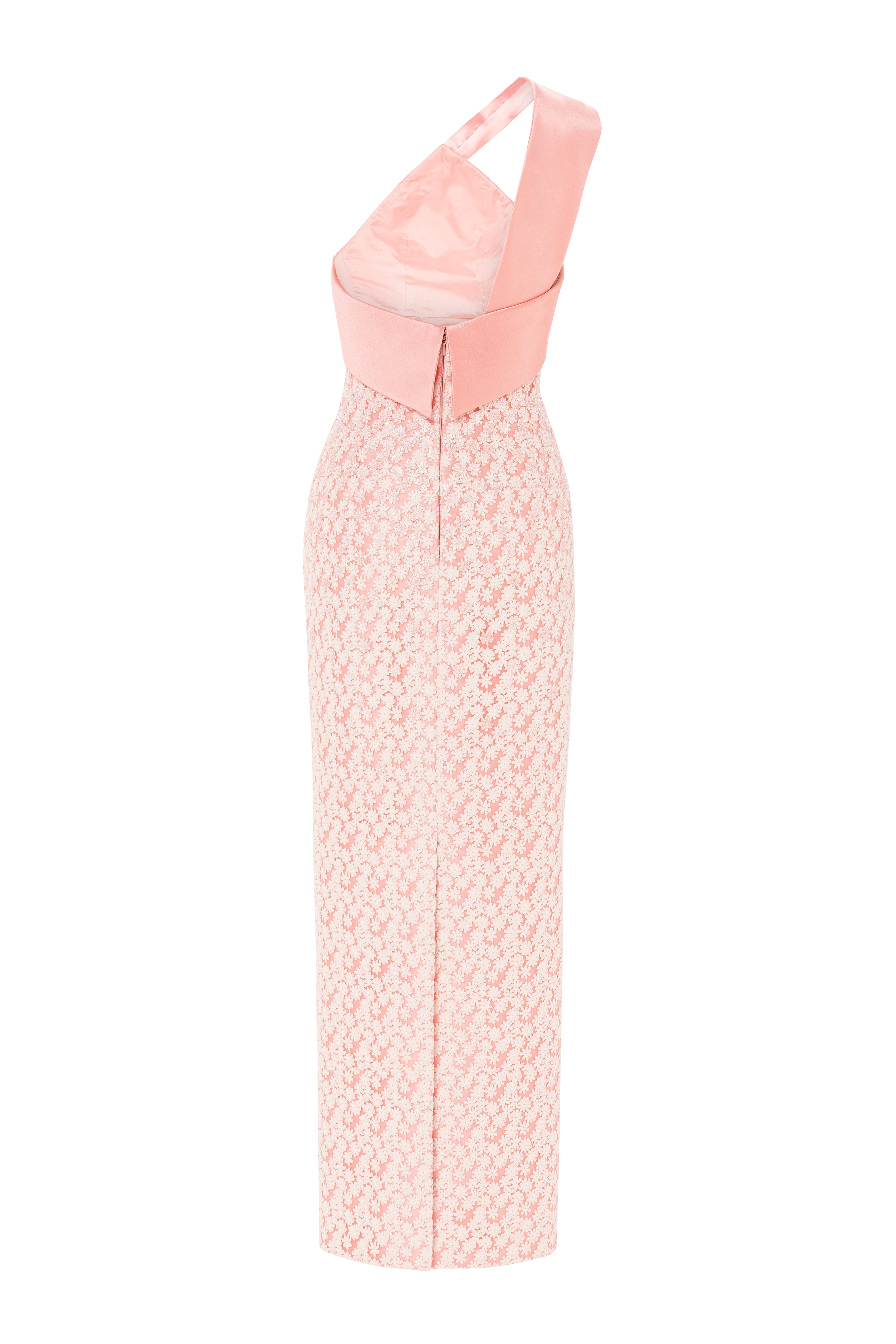 embroidery, column midi dress, one shoulder, asymmetrical neckline, guipure lace, midi length, fitted dress, cream dress, floral, beading dress, 3d embellished dress, red carpet dress, ready to wear designer, evening dress Dubai, buy dress Dubai, fashion designer Dubai, SS24 collection, Spring summer collection, gala dress