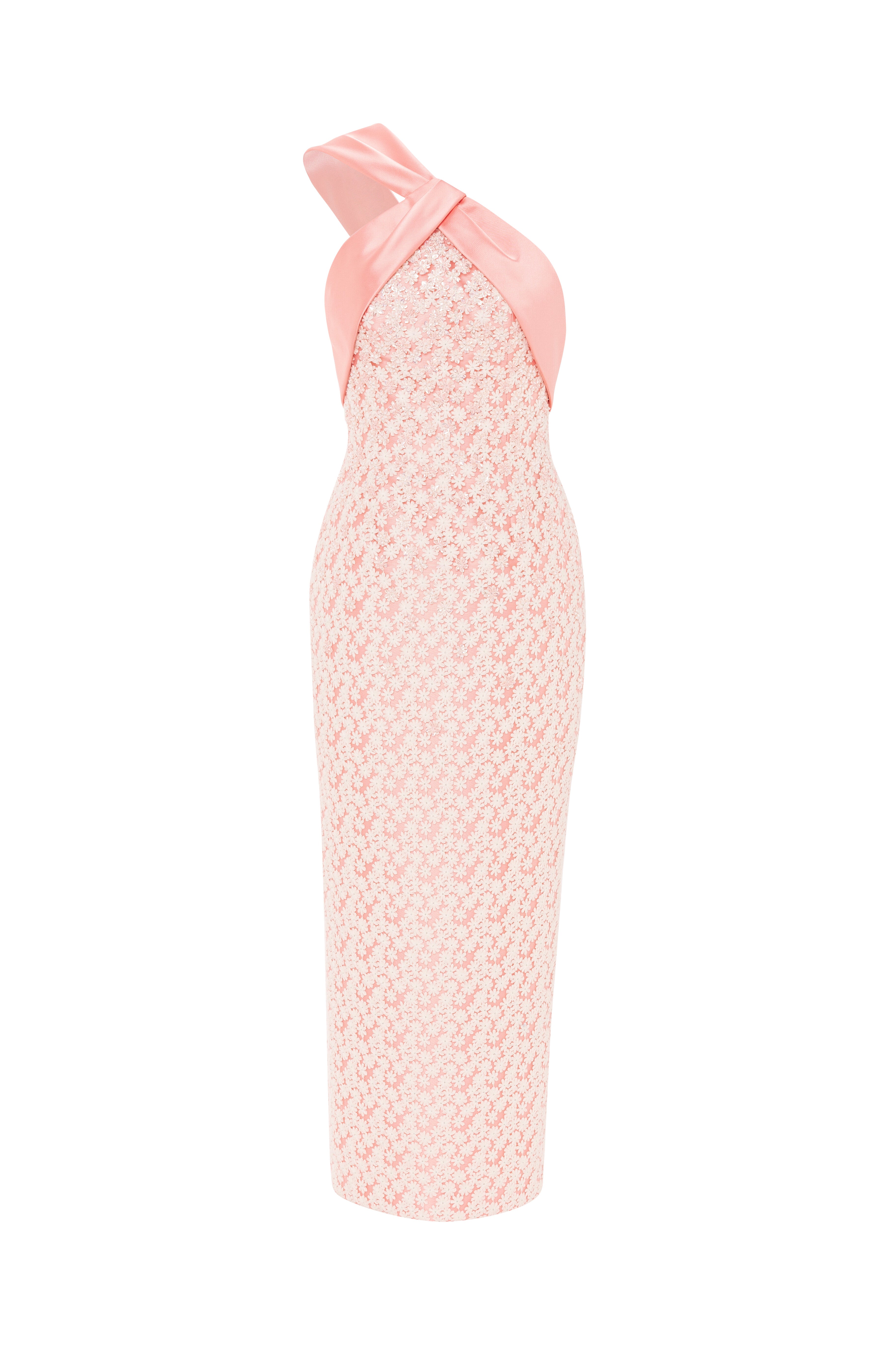 embroidery, column midi dress, one shoulder, asymmetrical neckline, guipure lace, midi length, fitted dress, cream dress, floral, beading dress, 3d embellished dress, red carpet dress, ready to wear designer, evening dress Dubai, buy dress Dubai, fashion designer Dubai, SS24 collection, Spring summer collection, gala dress