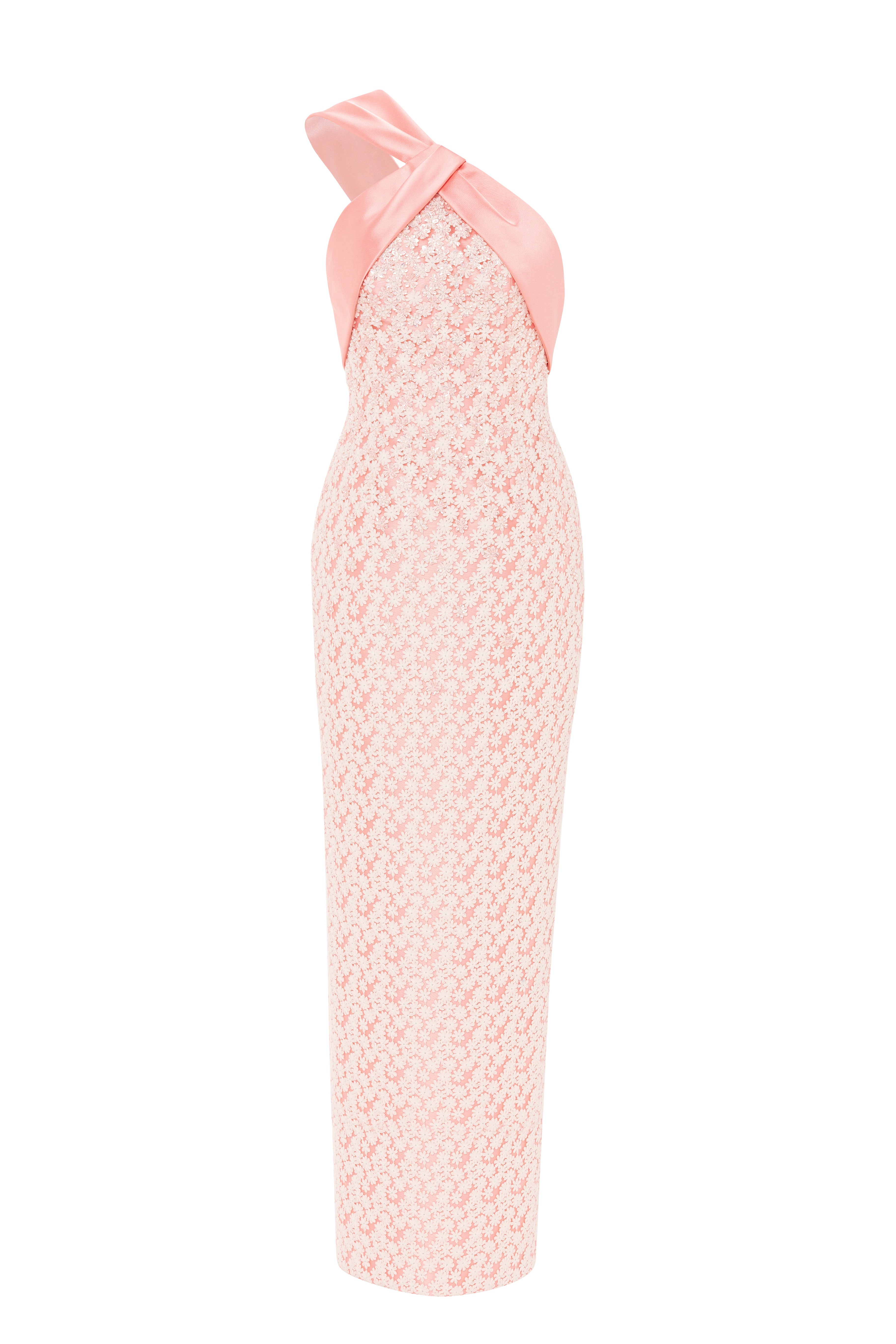 embroidery, column midi dress, one shoulder, asymmetrical neckline, guipure lace, midi length, fitted dress, cream dress, floral, beading dress, 3d embellished dress, red carpet dress, ready to wear designer, evening dress Dubai, buy dress Dubai, fashion designer Dubai, SS24 collection, Spring summer collection, gala dress