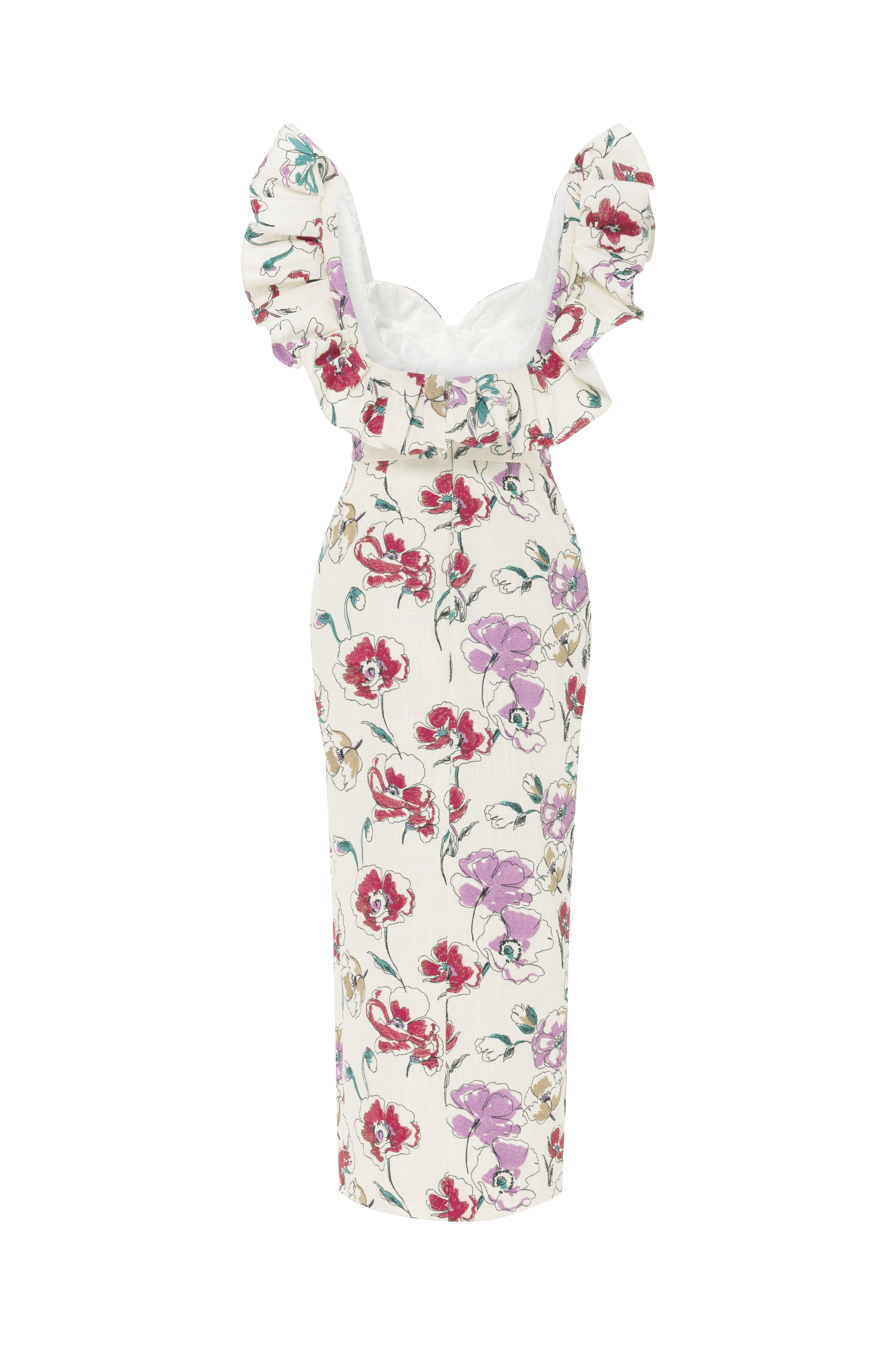 linen dress, floral, embroidered linen, ruffles, ruffle dress, dramatic shoulder, cream, sculptural, corset, corseted dress, dress with slit, midi length, sweetheart neckline, red carpet dress, ready to wear designer, evening dress Dubai, buy dress Dubai, fashion designer Dubai, SS24 collection, Spring summer collection, gala dress