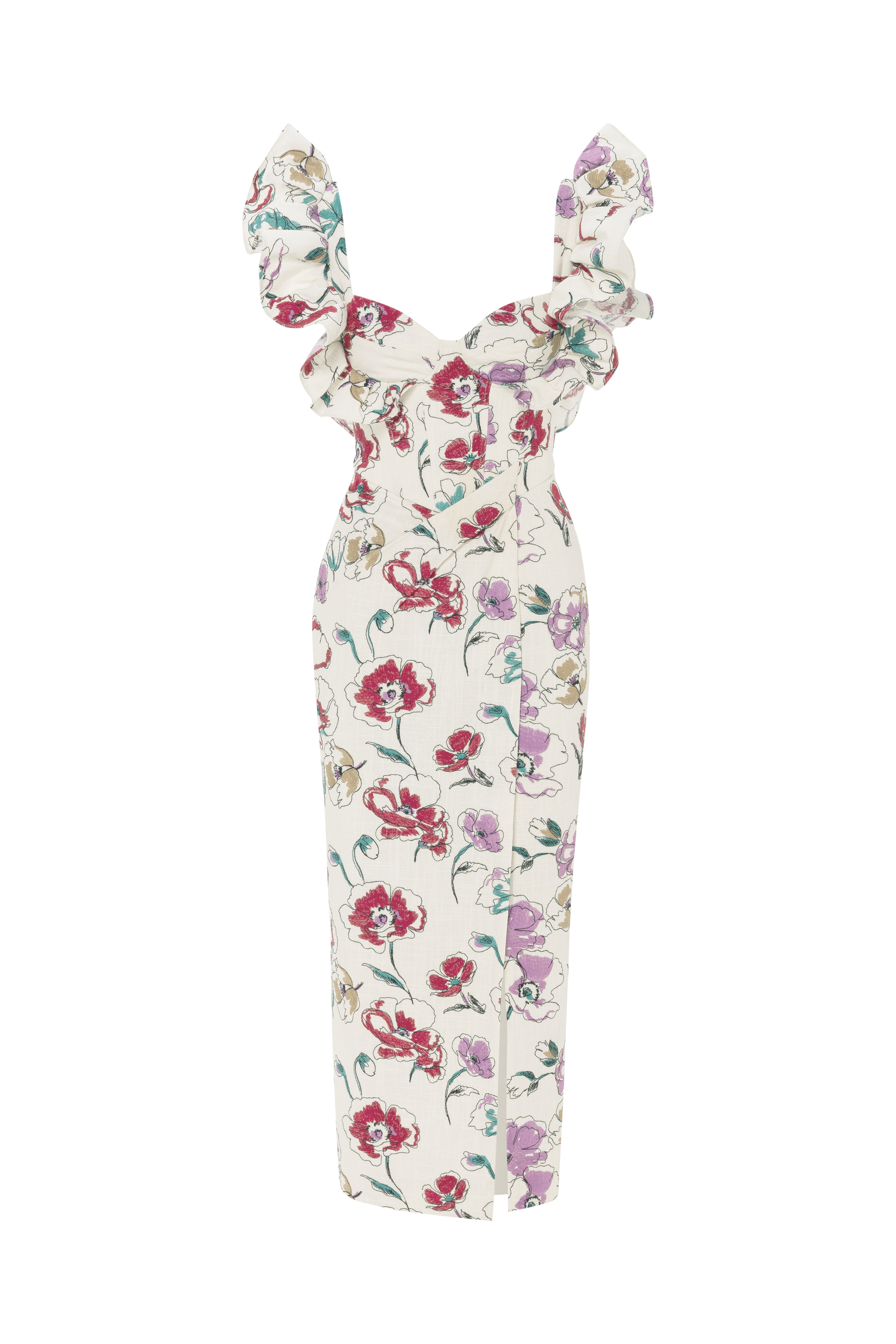 linen dress, floral, embroidered linen, ruffles, ruffle dress, dramatic shoulder, cream, sculptural, corset, corseted dress, dress with slit, midi length, sweetheart neckline, red carpet dress, ready to wear designer, evening dress Dubai, buy dress Dubai, fashion designer Dubai, SS24 collection, Spring summer collection, gala dress