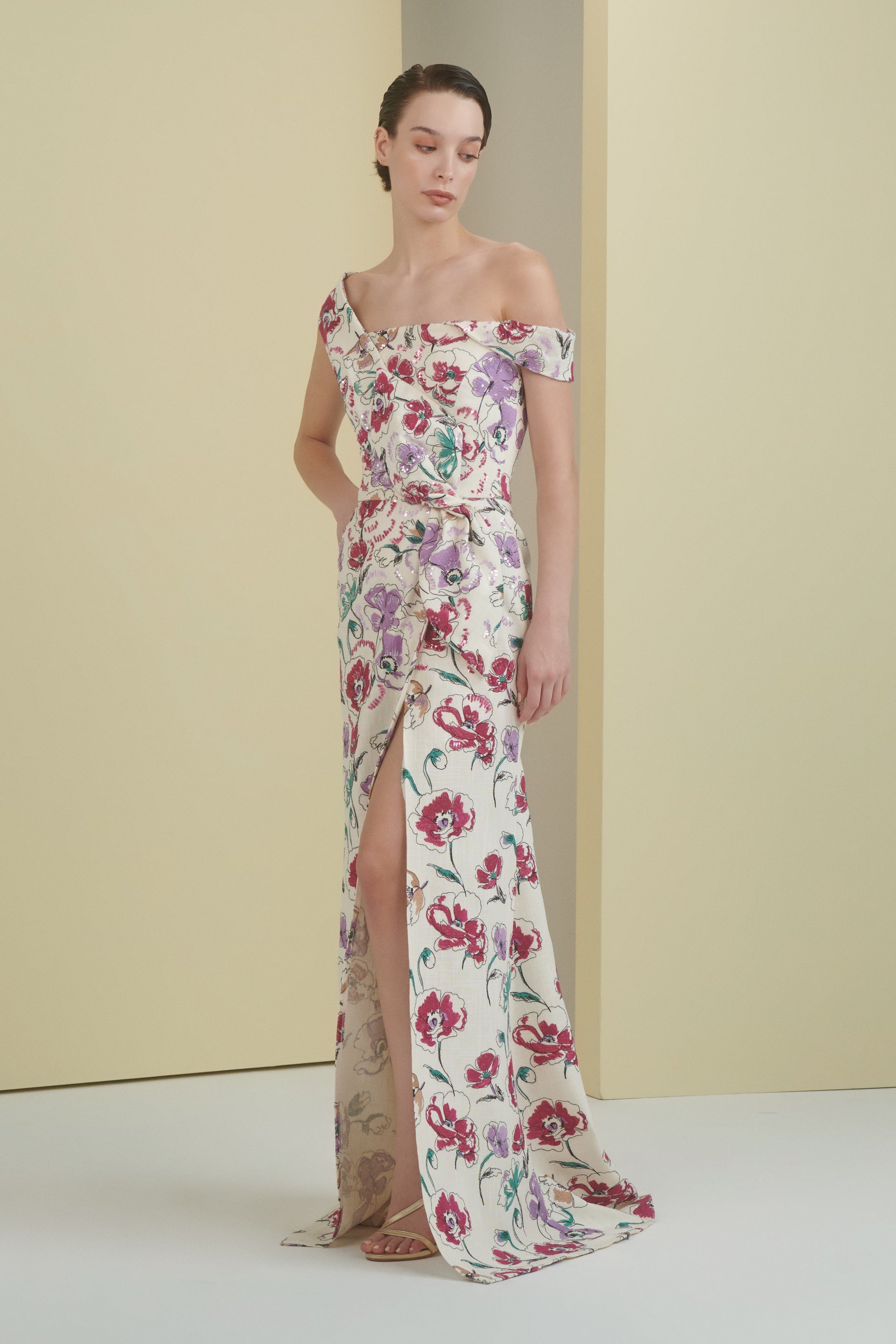 floral dress, florals, embroidered gown, linen dress, linen, one shoulder, asymmetrical neckline, dress with slit, full length,  long dress, evening dress, cream dress, slit, beading dress, 3d embellished dress, red carpet dress, ready to wear designer, evening dress Dubai, buy dress Dubai, fashion designer Dubai, SS24 collection, Spring summer collection, gala dress