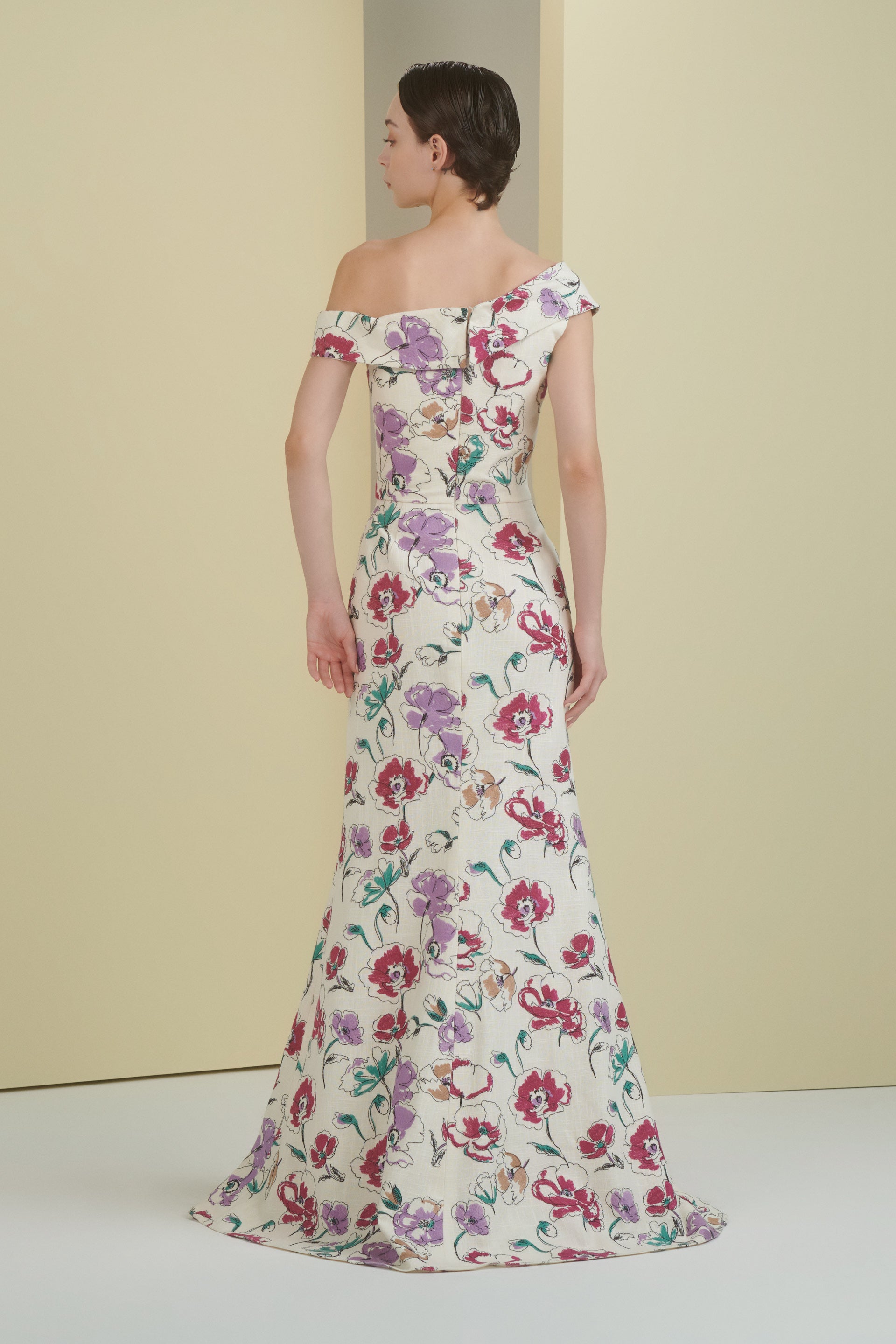 floral dress, florals, embroidered gown, linen dress, linen, one shoulder, asymmetrical neckline, dress with slit, full length,  long dress, evening dress, cream dress, slit, beading dress, 3d embellished dress, red carpet dress, ready to wear designer, evening dress Dubai, buy dress Dubai, fashion designer Dubai, SS24 collection, Spring summer collection, gala dress