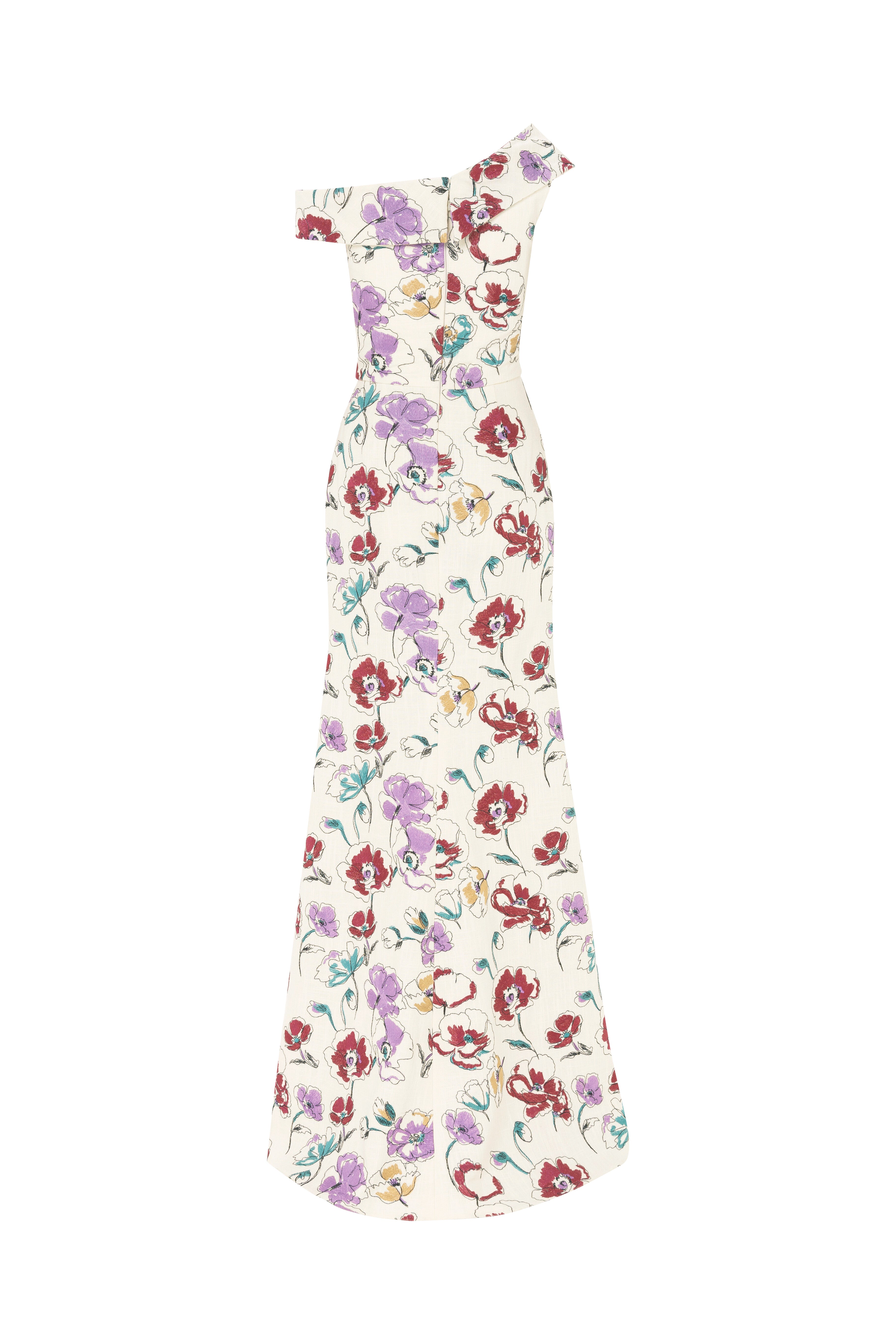 floral dress, florals, embroidered gown, linen dress, linen, one shoulder, asymmetrical neckline, dress with slit, full length,  long dress, evening dress, cream dress, slit, beading dress, 3d embellished dress, red carpet dress, ready to wear designer, evening dress Dubai, buy dress Dubai, fashion designer Dubai, SS24 collection, Spring summer collection, gala dress