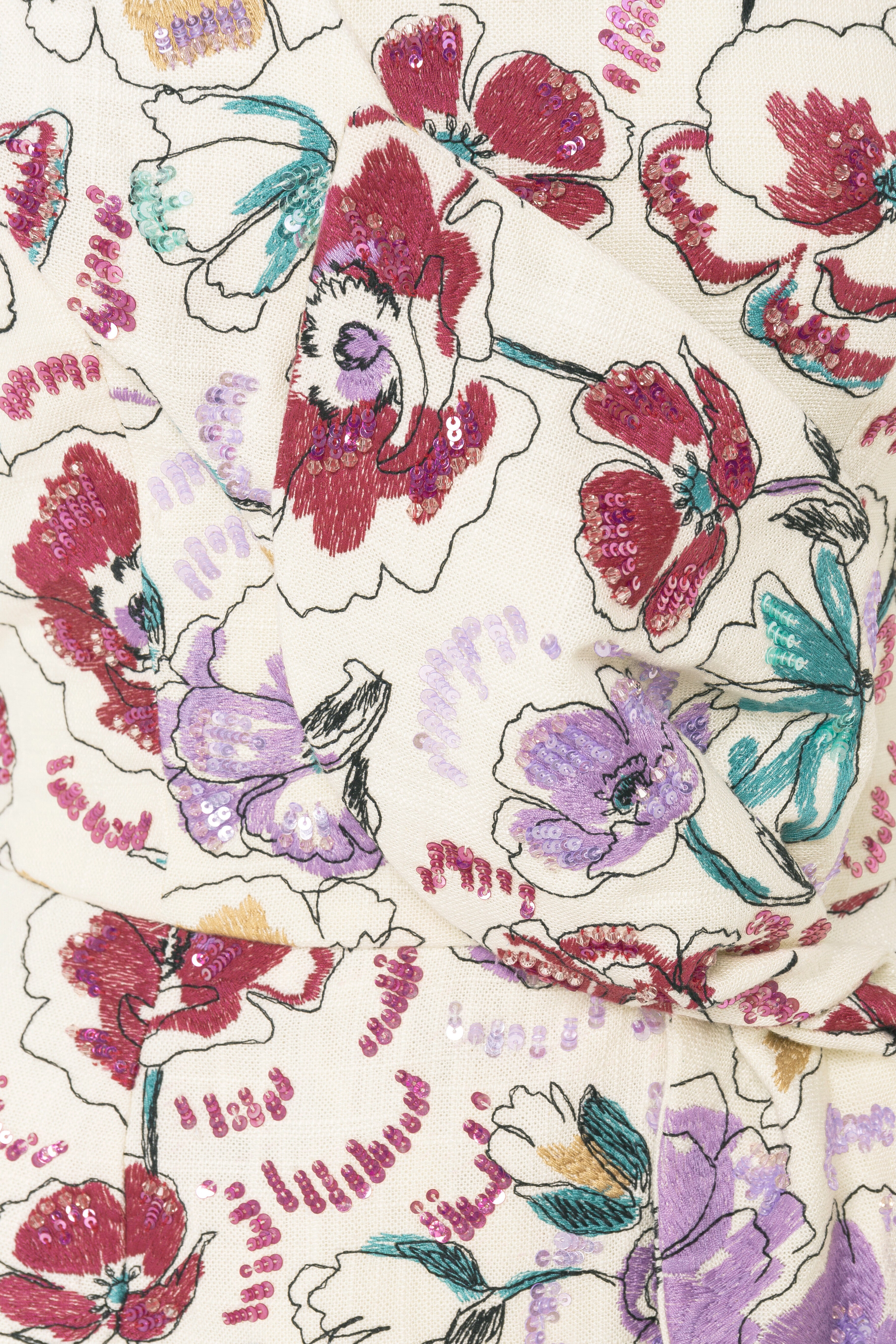 floral dress, florals, embroidered gown, linen dress, linen, one shoulder, asymmetrical neckline, dress with slit, full length,  long dress, evening dress, cream dress, slit, beading dress, 3d embellished dress, red carpet dress, ready to wear designer, evening dress Dubai, buy dress Dubai, fashion designer Dubai, SS24 collection, Spring summer collection, gala dress