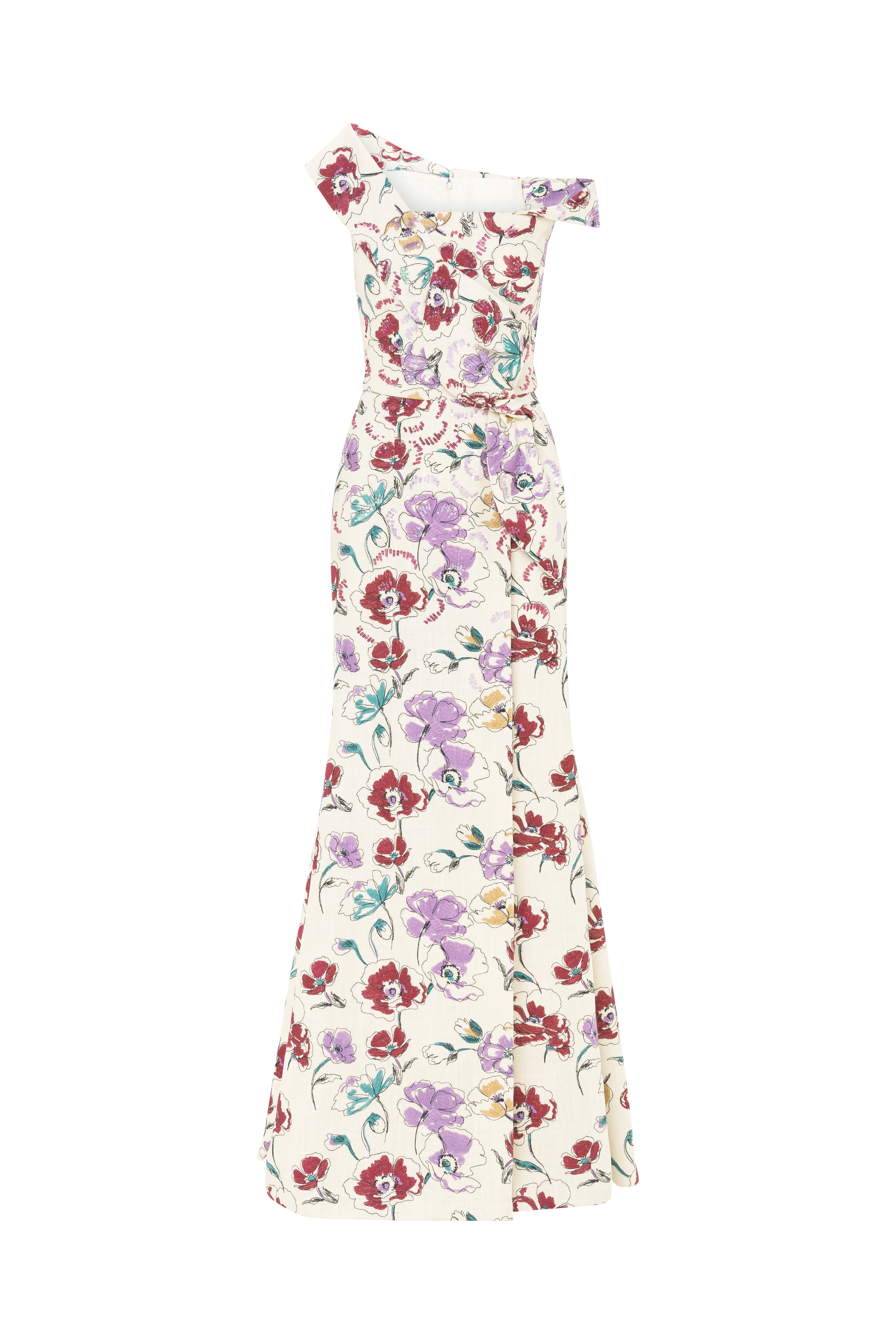 floral dress, florals, embroidered gown, linen dress, linen, one shoulder, asymmetrical neckline, dress with slit, full length,  long dress, evening dress, cream dress, slit, beading dress, 3d embellished dress, red carpet dress, ready to wear designer, evening dress Dubai, buy dress Dubai, fashion designer Dubai, SS24 collection, Spring summer collection, gala dress