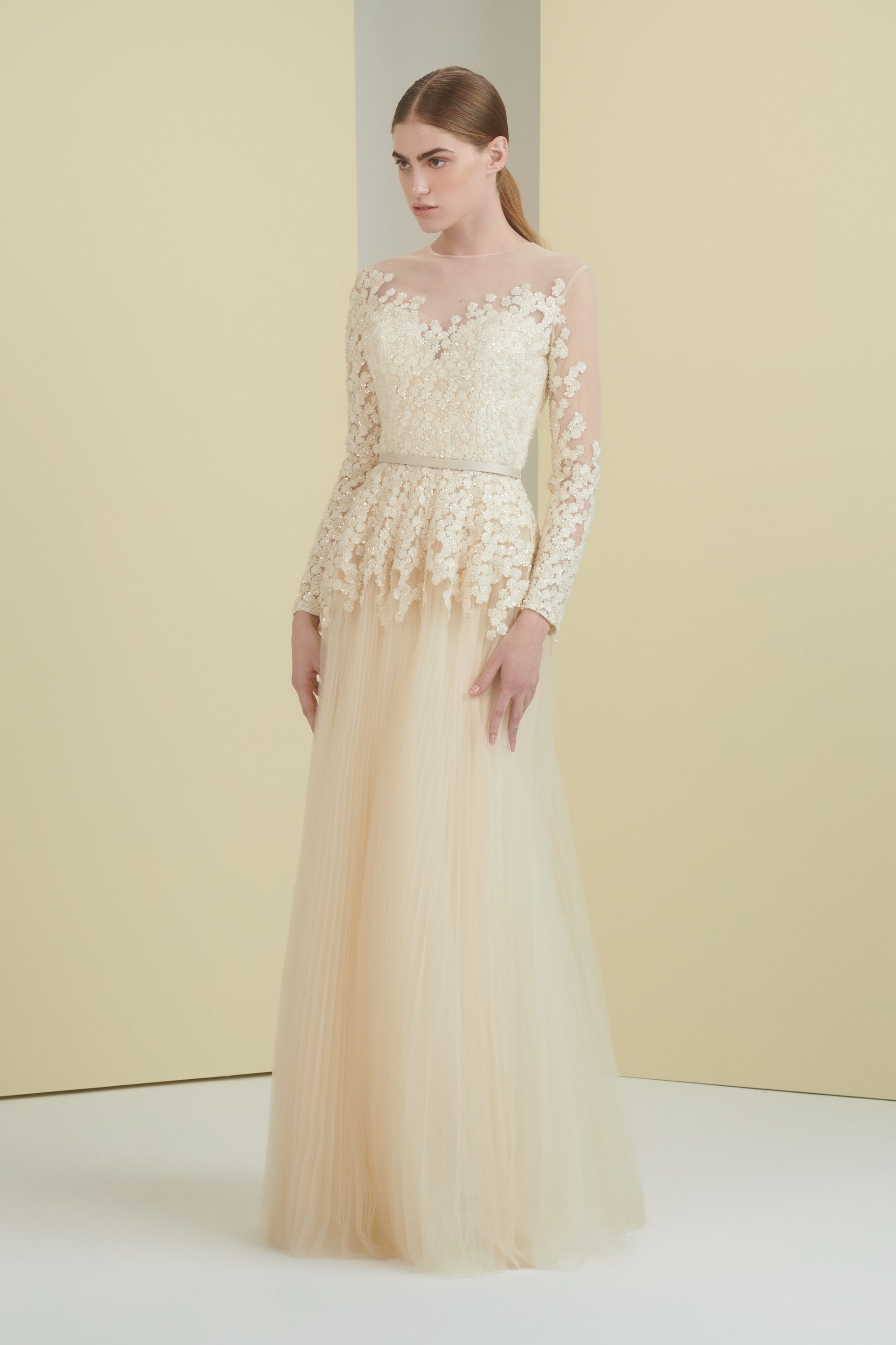mother of the bride, floral, embroidery, beading, cream dress, guipure lace, dress with sleeves, tulle skirt, ball gown, long dress, evening dress, beading dress, 3d embellished dress, red carpet dress, ready to wear designer, evening dress Dubai, buy dress Dubai, fashion designer Dubai, SS24 collection, Spring summer collection, gala dress