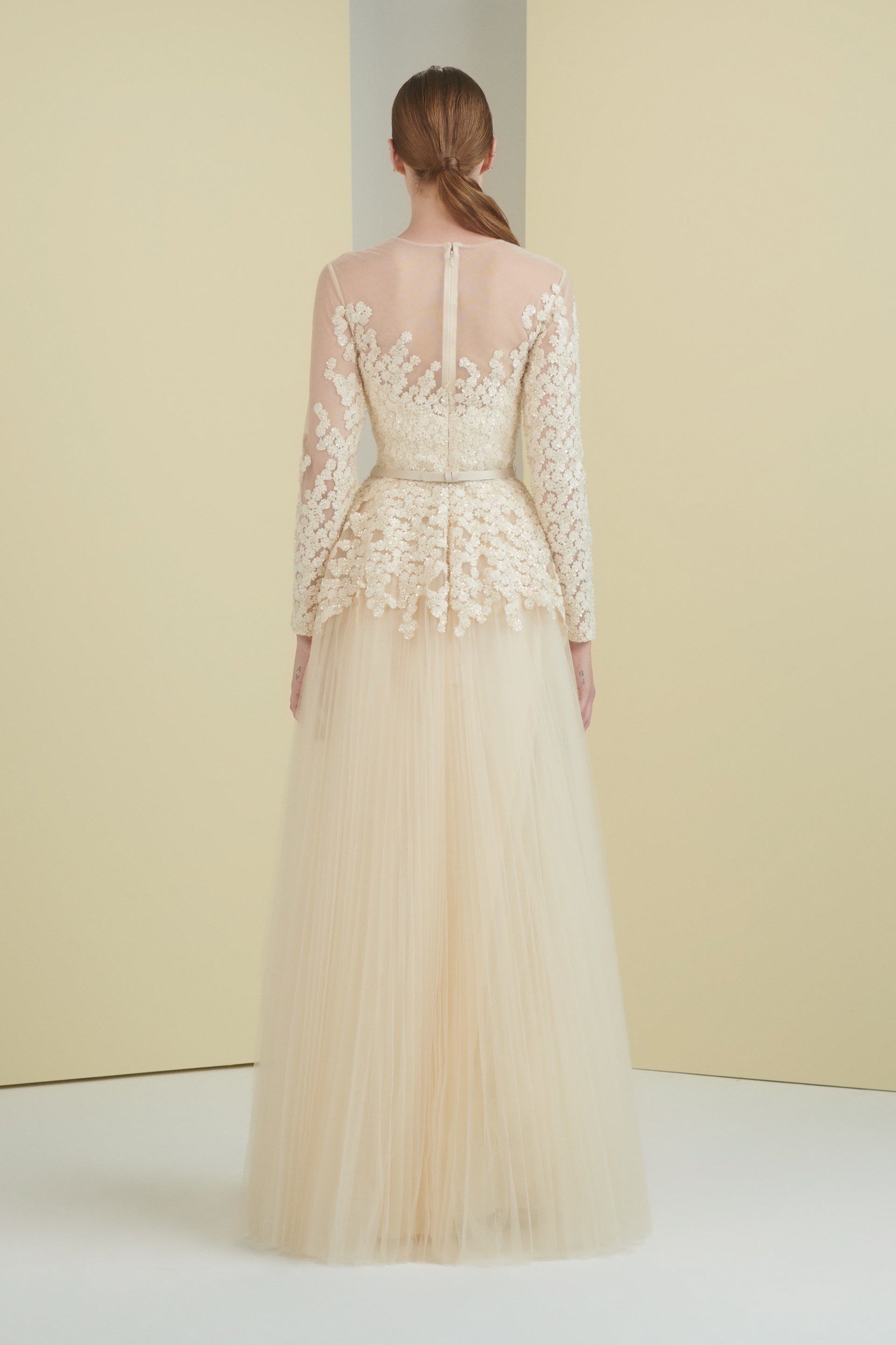 mother of the bride, floral, embroidery, beading, cream dress, guipure lace, dress with sleeves, tulle skirt, ball gown, long dress, evening dress, beading dress, 3d embellished dress, red carpet dress, ready to wear designer, evening dress Dubai, buy dress Dubai, fashion designer Dubai, SS24 collection, Spring summer collection, gala dress
