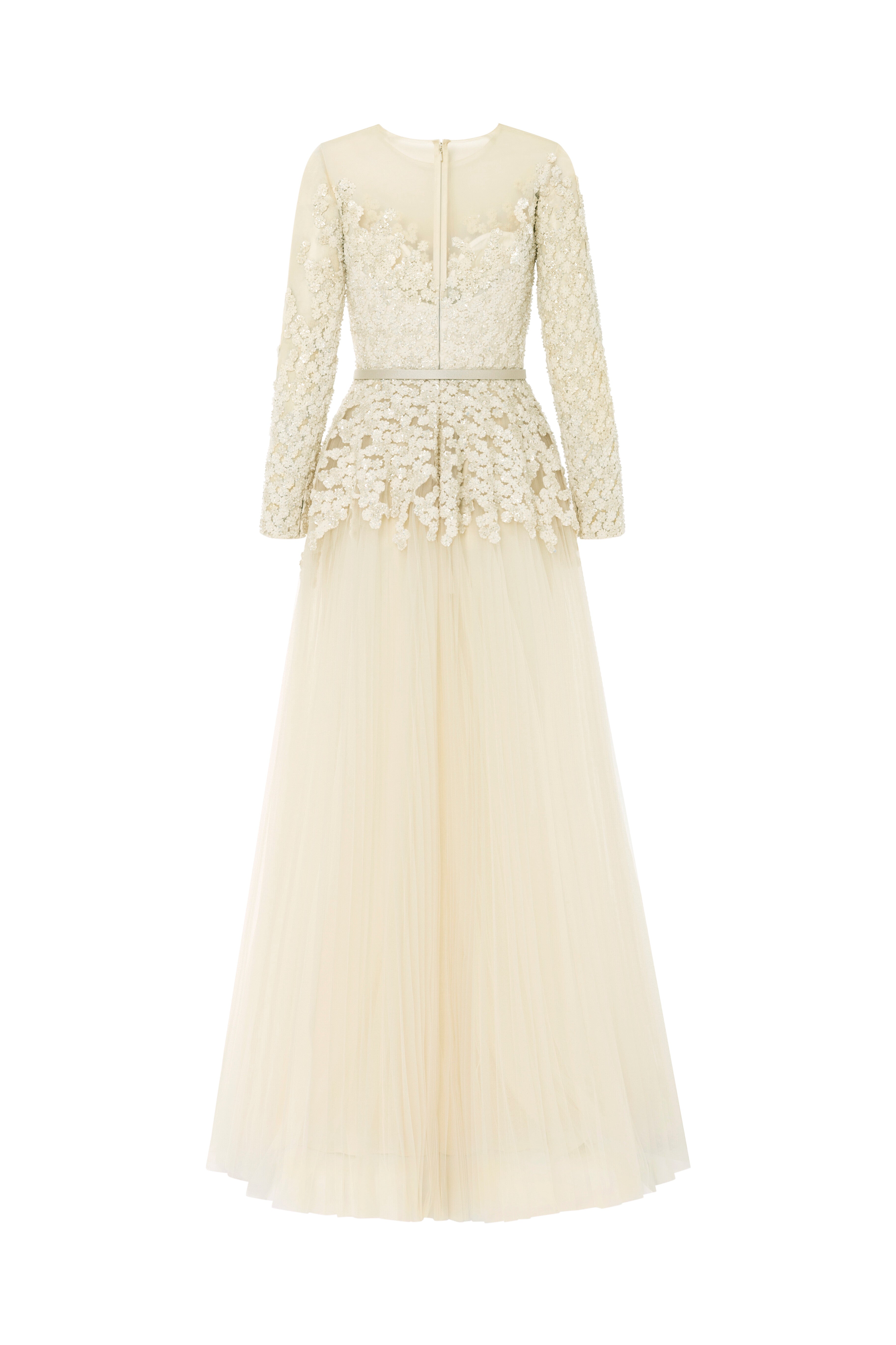 mother of the bride, floral, embroidery, beading, cream dress, guipure lace, dress with sleeves, tulle skirt, ball gown, long dress, evening dress, beading dress, 3d embellished dress, red carpet dress, ready to wear designer, evening dress Dubai, buy dress Dubai, fashion designer Dubai, SS24 collection, Spring summer collection, gala dress