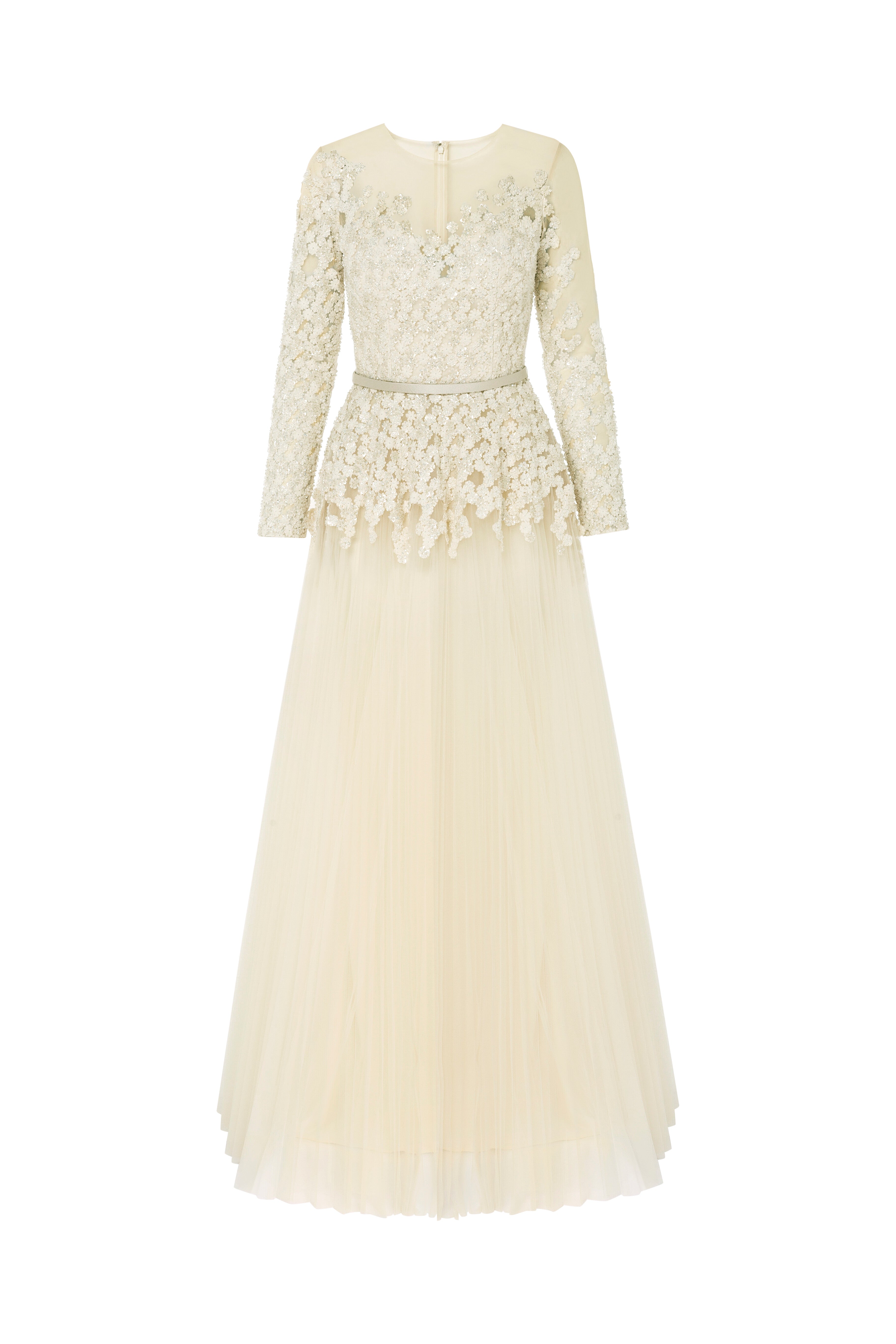 mother of the bride, floral, embroidery, beading, cream dress, guipure lace, dress with sleeves, tulle skirt, ball gown, long dress, evening dress, beading dress, 3d embellished dress, red carpet dress, ready to wear designer, evening dress Dubai, buy dress Dubai, fashion designer Dubai, SS24 collection, Spring summer collection, gala dress