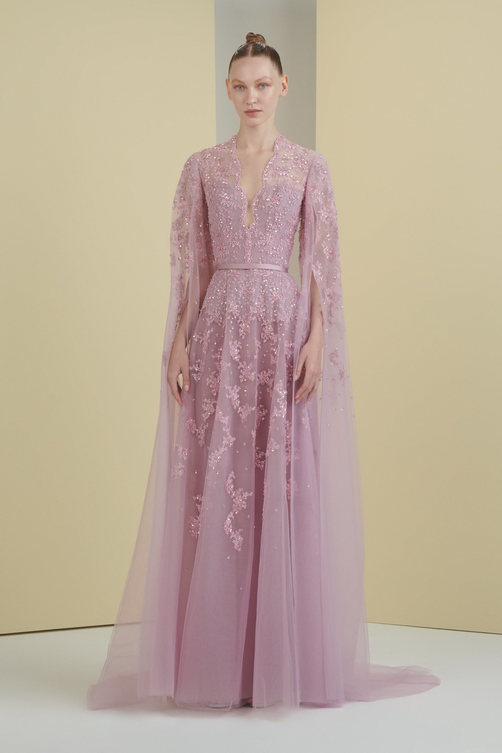 mother of the bride, floral, lavender dress, embroidery, beading, dress with sleeves, v neckline, guipure lace tulle skirt, ball gown, long dress, evening dress, beading dress, 3d embellished dress, red carpet dress, ready to wear designer, evening dress Dubai, buy dress Dubai, fashion designer Dubai, SS24 collection, Spring summer collection, gala dress