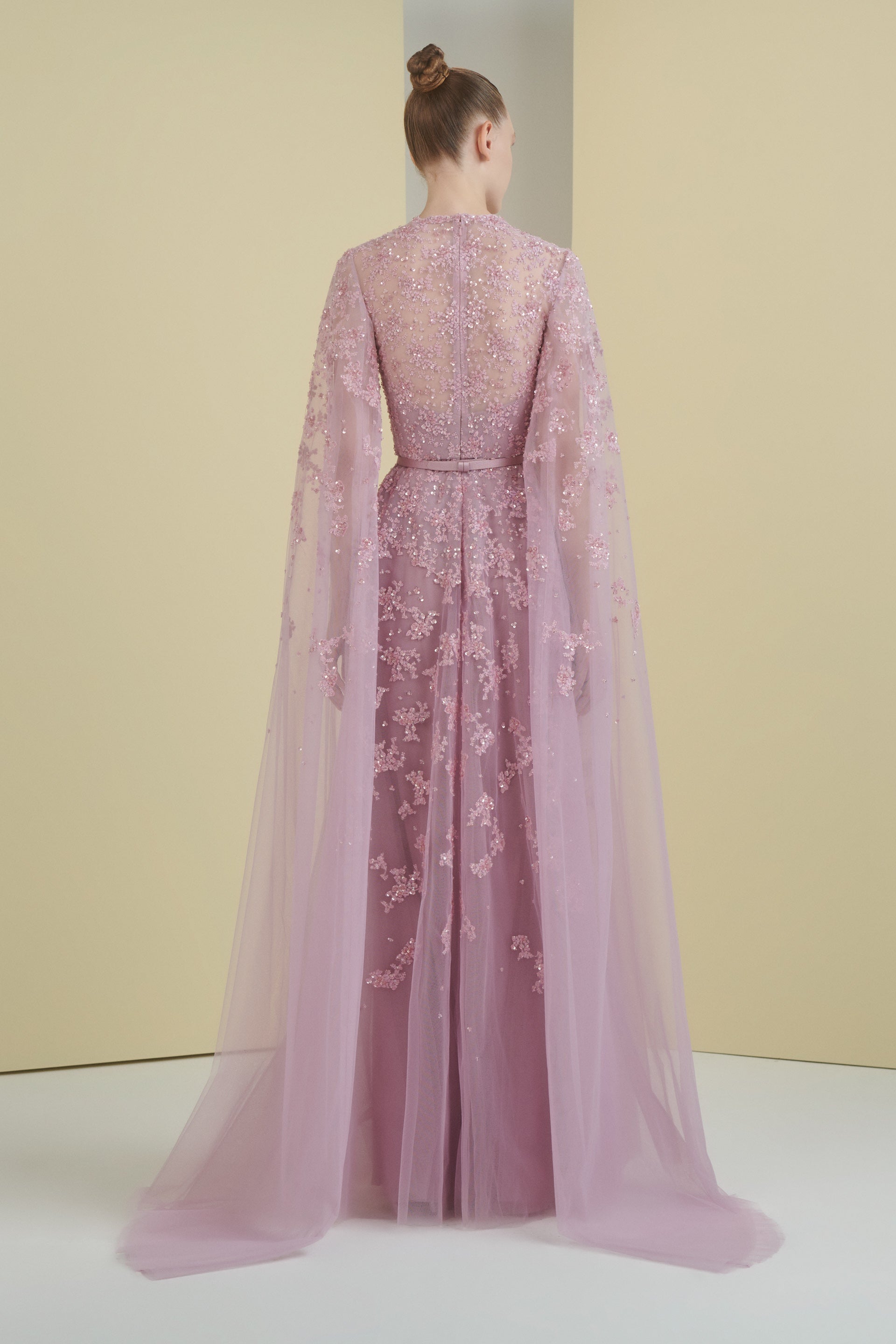 mother of the bride, floral, lavender dress, embroidery, beading, dress with sleeves, v neckline, guipure lace tulle skirt, ball gown, long dress, evening dress, beading dress, 3d embellished dress, red carpet dress, ready to wear designer, evening dress Dubai, buy dress Dubai, fashion designer Dubai, SS24 collection, Spring summer collection, gala dress