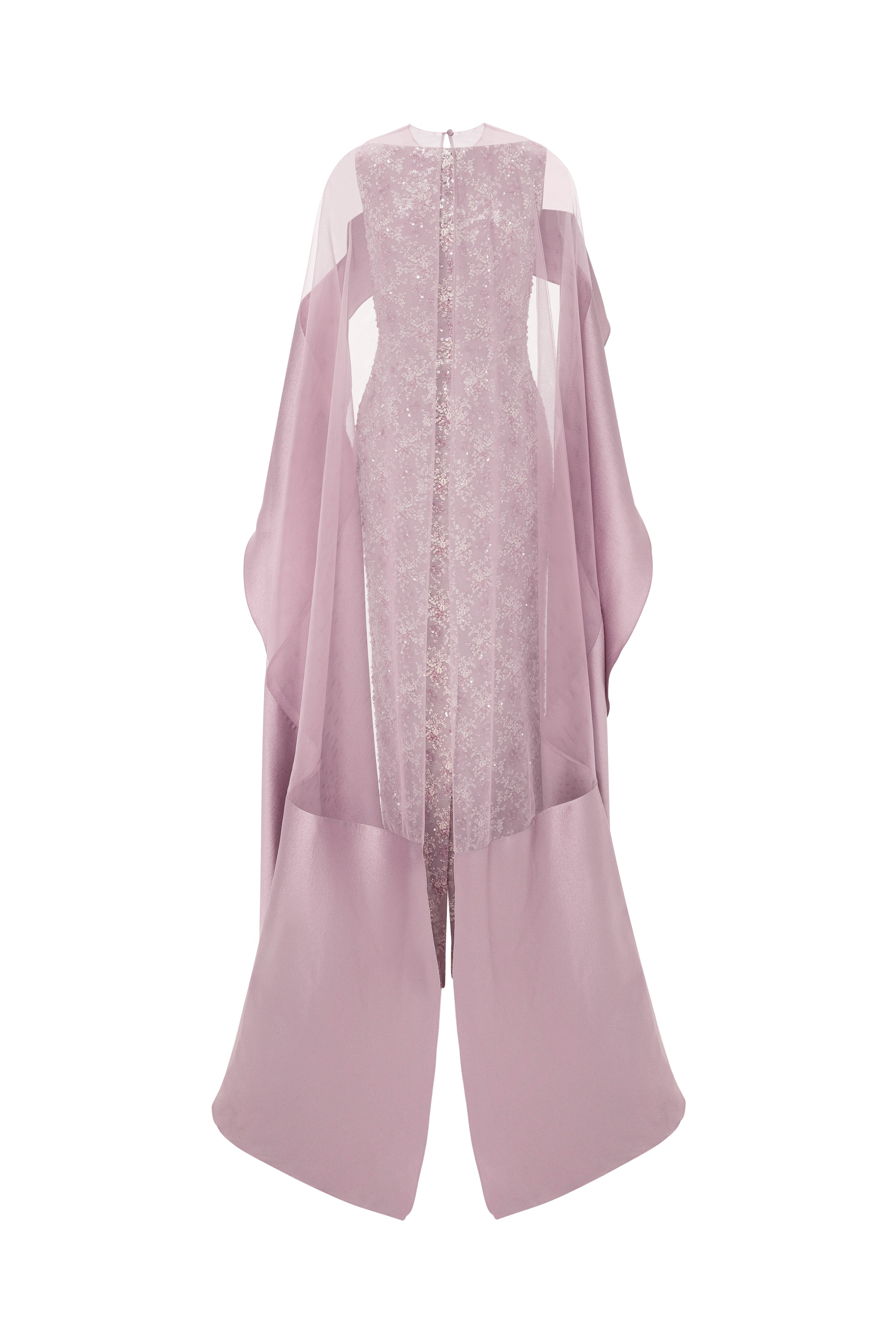 mother of the bride, cape dress, column dress, seperates, cape, tulle cape, long dress, evening dress, lavender, fitted dress, beading dress, waterfall cape, 3d embellished dress, red carpet dress, strapless dress, ready to wear designer, evening dress Dubai, buy dress Dubai, fashion designer Dubai, SS24 collection, Spring summer collection, gala dress