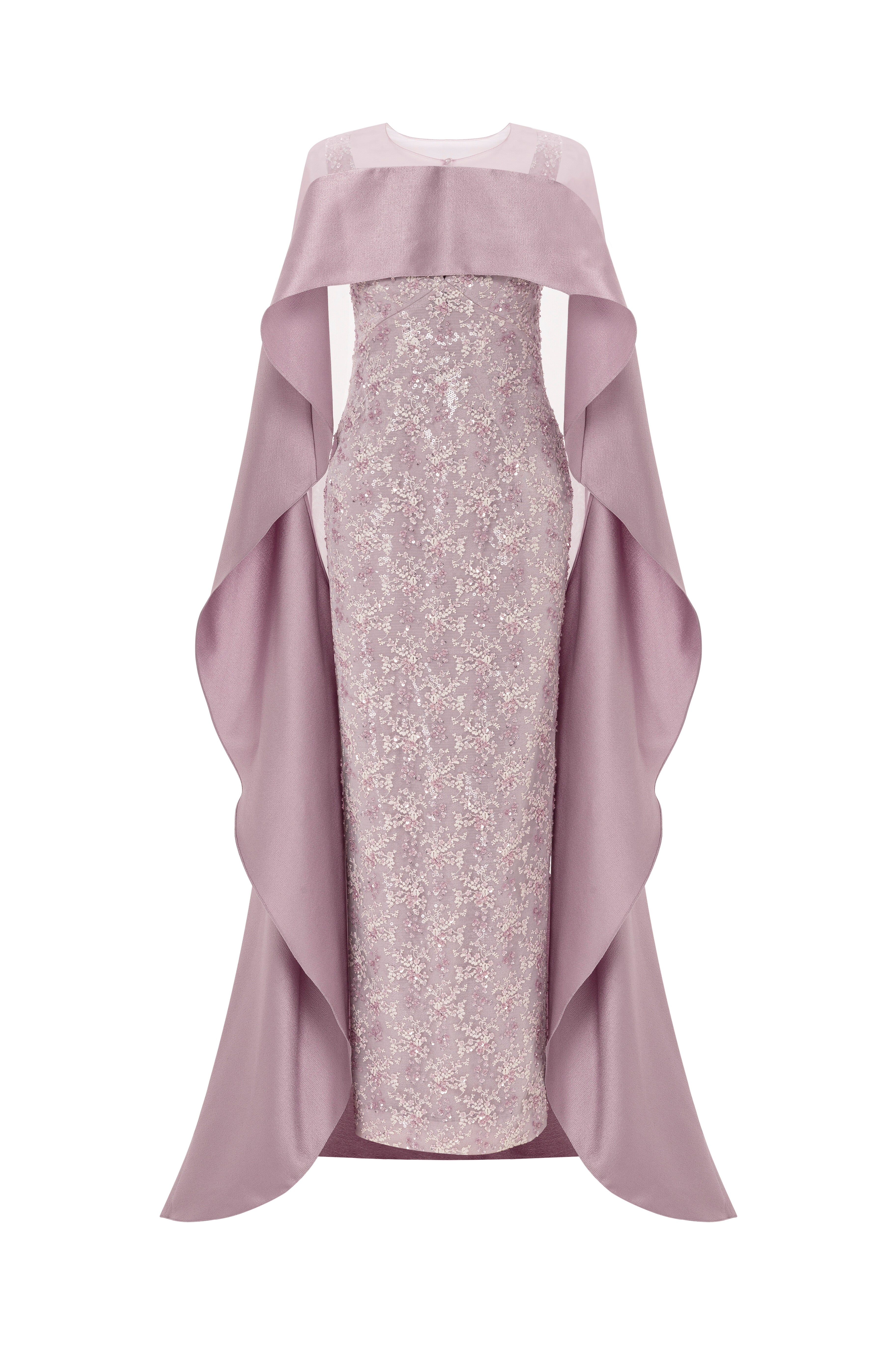 mother of the bride, cape dress, column dress, seperates, cape, tulle cape, long dress, evening dress, lavender, fitted dress, beading dress, waterfall cape, 3d embellished dress, red carpet dress, strapless dress, ready to wear designer, evening dress Dubai, buy dress Dubai, fashion designer Dubai, SS24 collection, Spring summer collection, gala dress