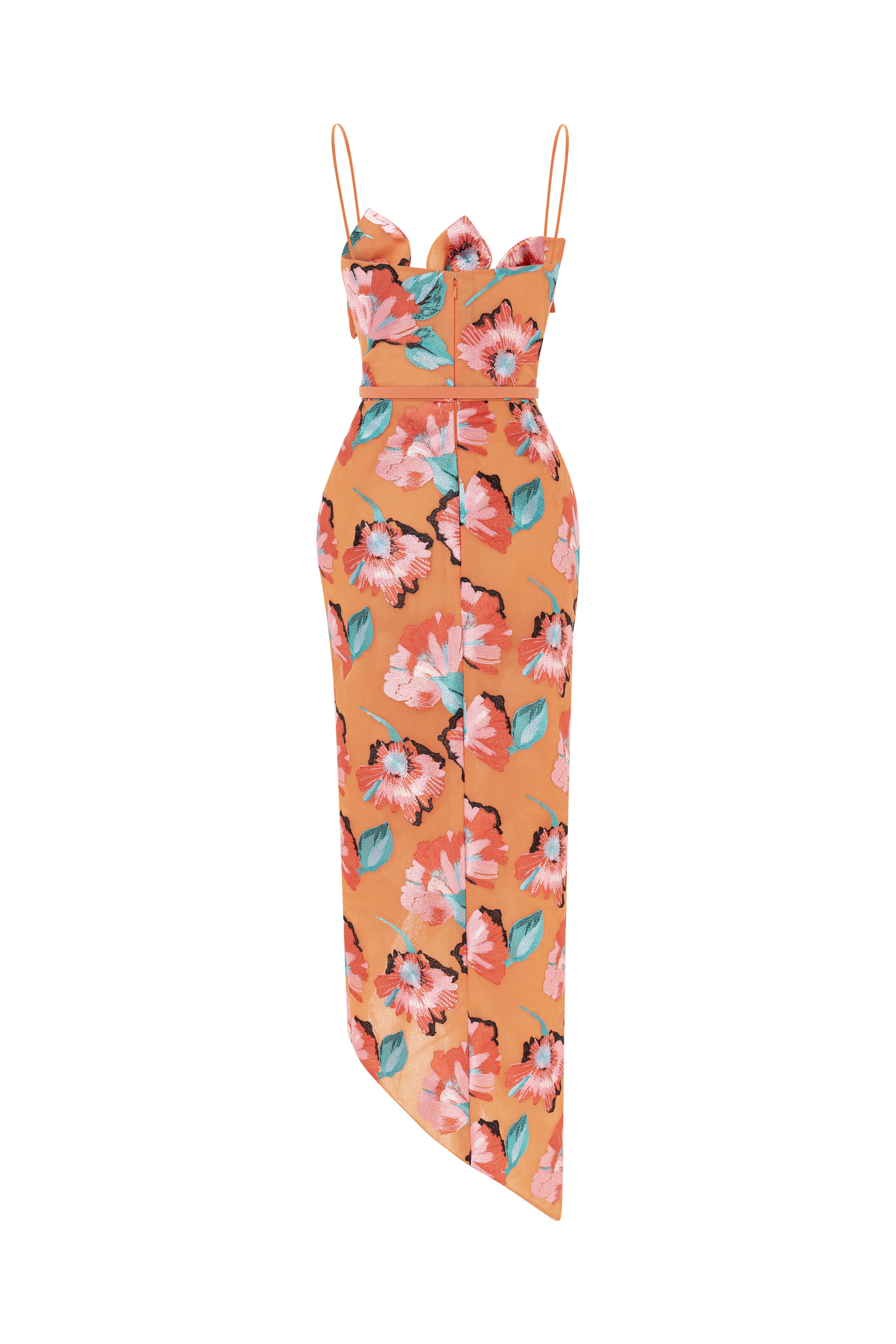 midi dress, sculptural, floral, flowers, embroidered tulle, tangerine dress, orange dress, midi dress with slit, asymmetrical hemline, midi dress with straps, ready to wear designer, evening dress Dubai, buy dress Dubai, fashion designer Dubai, SS24 collection, Spring summer collection, gala dress