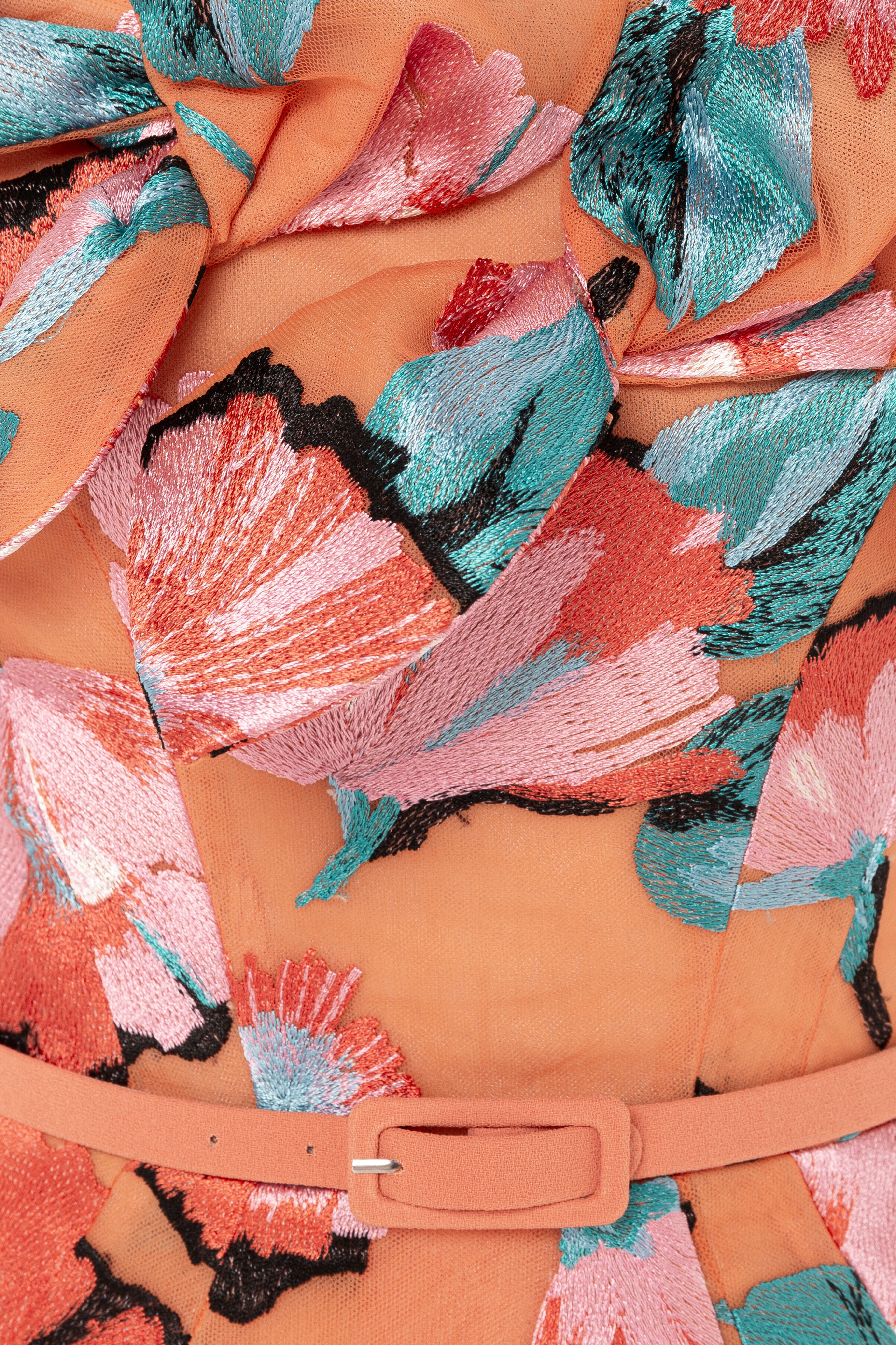 midi dress, sculptural, floral, flowers, embroidered tulle, tangerine dress, orange dress, midi dress with slit, asymmetrical hemline, midi dress with straps, ready to wear designer, evening dress Dubai, buy dress Dubai, fashion designer Dubai, SS24 collection, Spring summer collection, gala dress