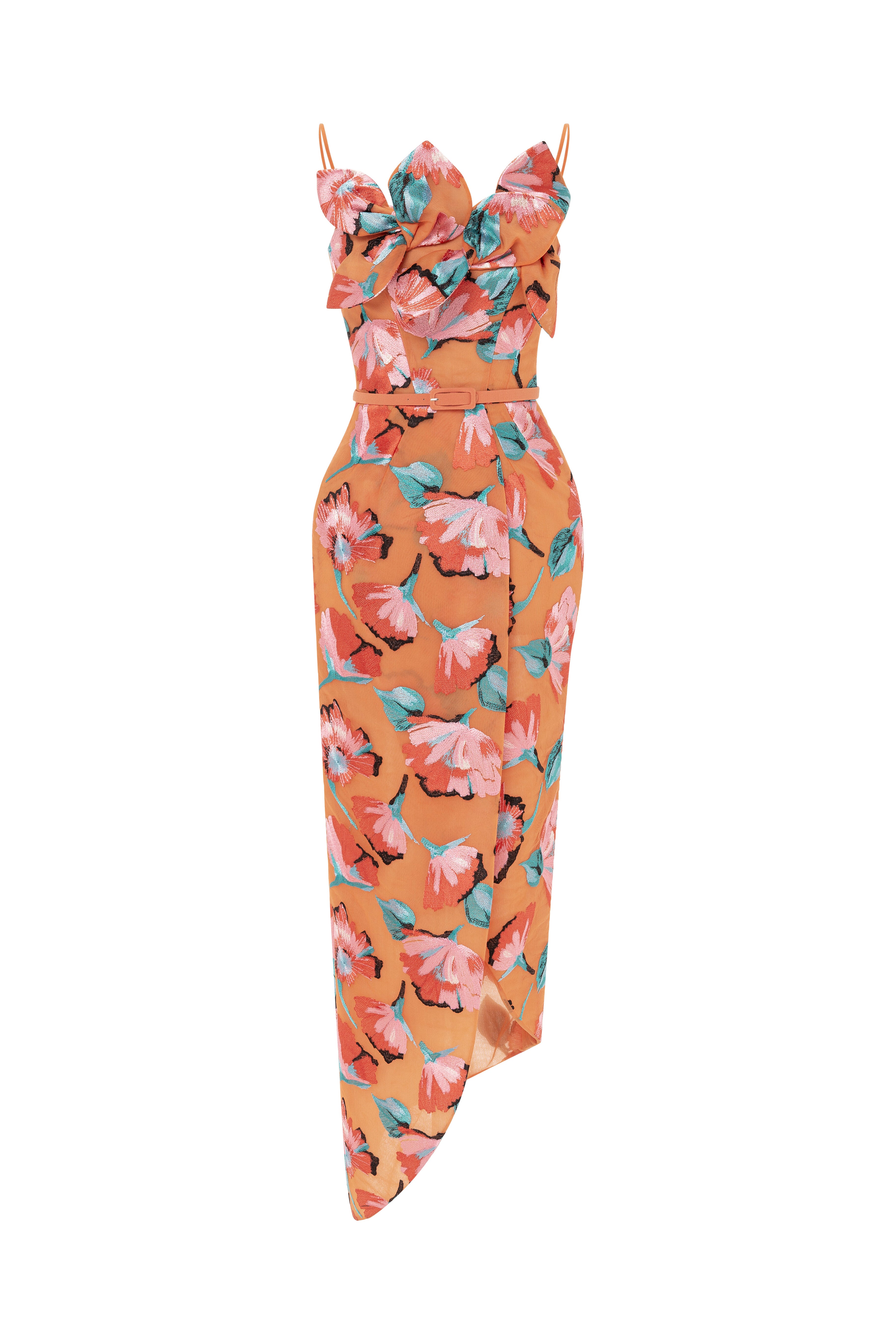 midi dress, sculptural, floral, flowers, embroidered tulle, tangerine dress, orange dress, midi dress with slit, asymmetrical hemline, midi dress with straps, ready to wear designer, evening dress Dubai, buy dress Dubai, fashion designer Dubai, SS24 collection, Spring summer collection, gala dress