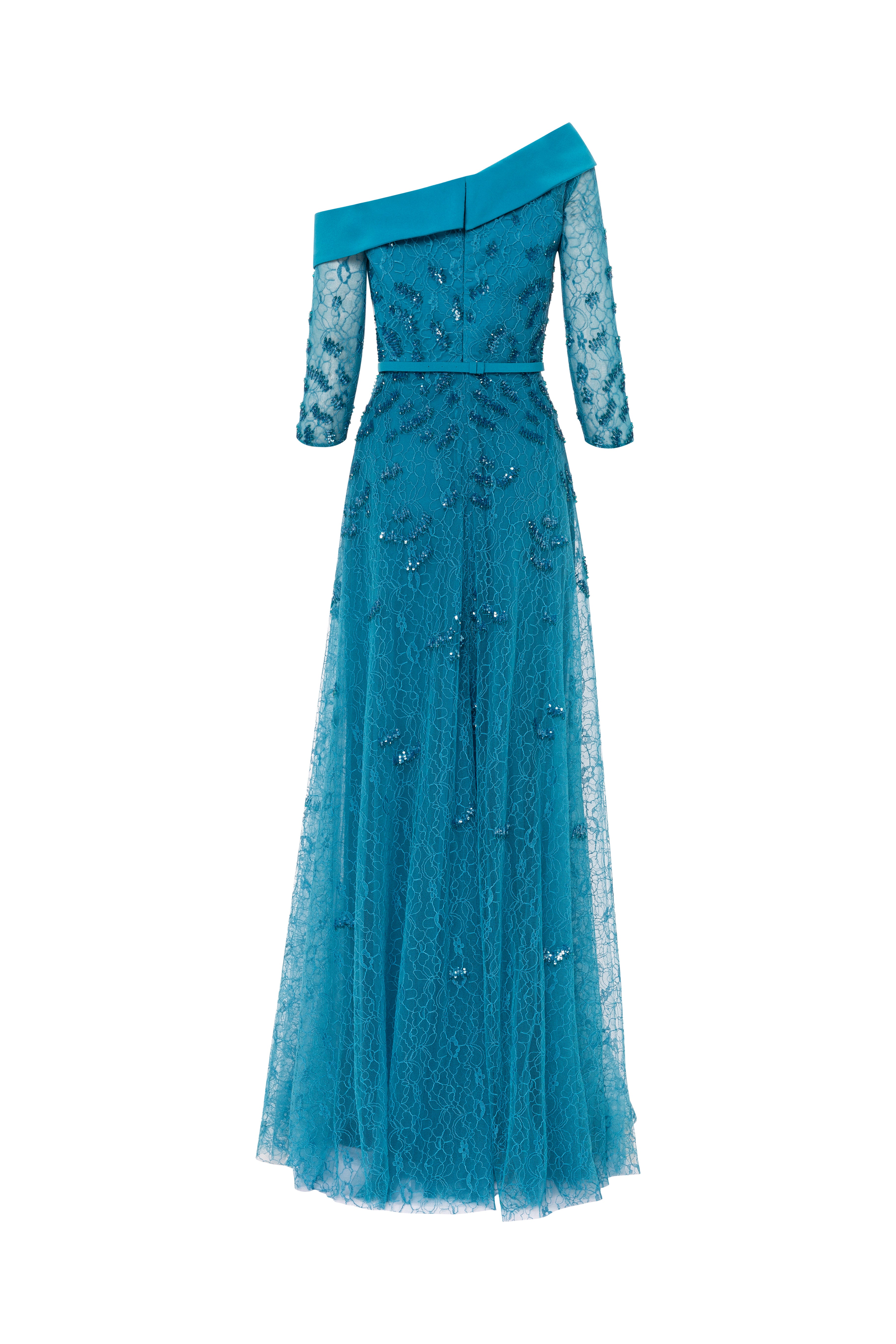 asymmetrical neckline, one shoulder, dress with sleeves, mother of the bride, tulle skirt, long dress, evening dress, beading dress, 3d embellished dress, red carpet dress, ready to wear designer, evening dress Dubai, buy dress Dubai, fashion designer Dubai, SS24 collection, Spring summer collection, gala dress