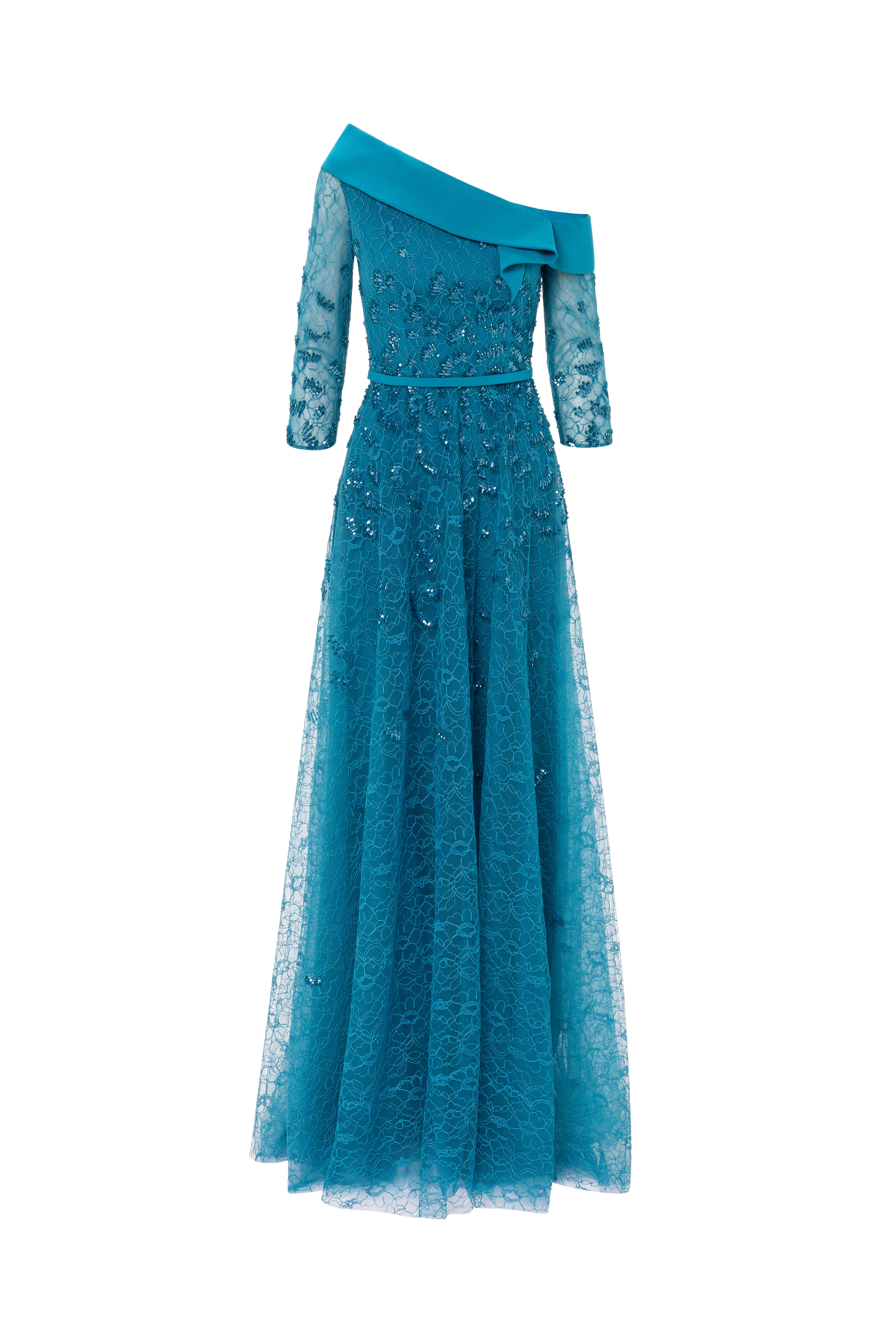 asymmetrical neckline, one shoulder, dress with sleeves, mother of the bride, tulle skirt, long dress, evening dress, beading dress, 3d embellished dress, red carpet dress, ready to wear designer, evening dress Dubai, buy dress Dubai, fashion designer Dubai, SS24 collection, Spring summer collection, gala dress