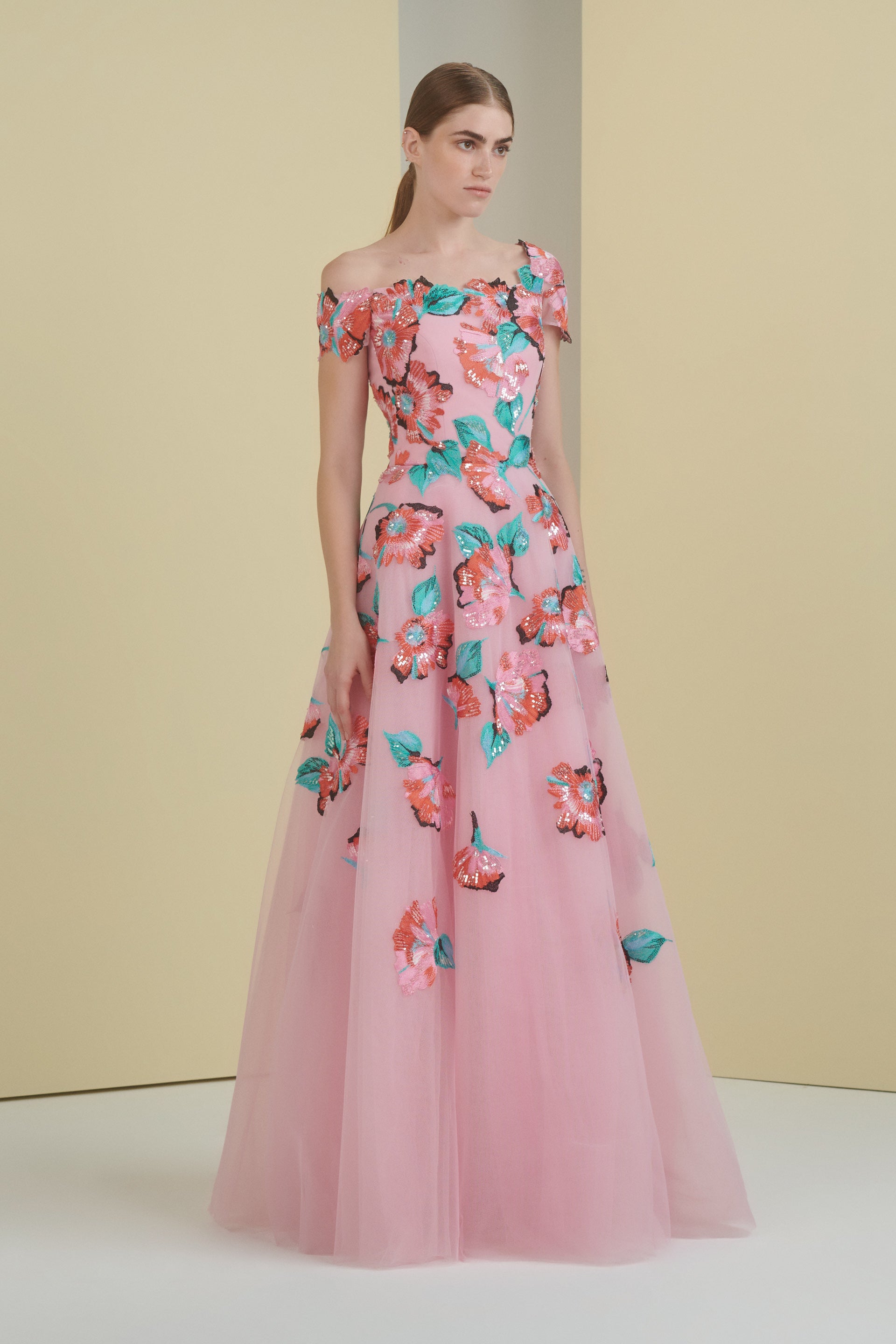 floral, flowers, floral tulle, embroidered tulle, asymmetrical neckline, cape sleeve, lavender gown, mother of the bride, tulle skirt, long dress, evening dress, beading dress, 3d embellished dress, red carpet dress, ready to wear designer, evening dress Dubai, buy dress Dubai, fashion designer Dubai, SS24 collection, Spring summer collection, gala dress