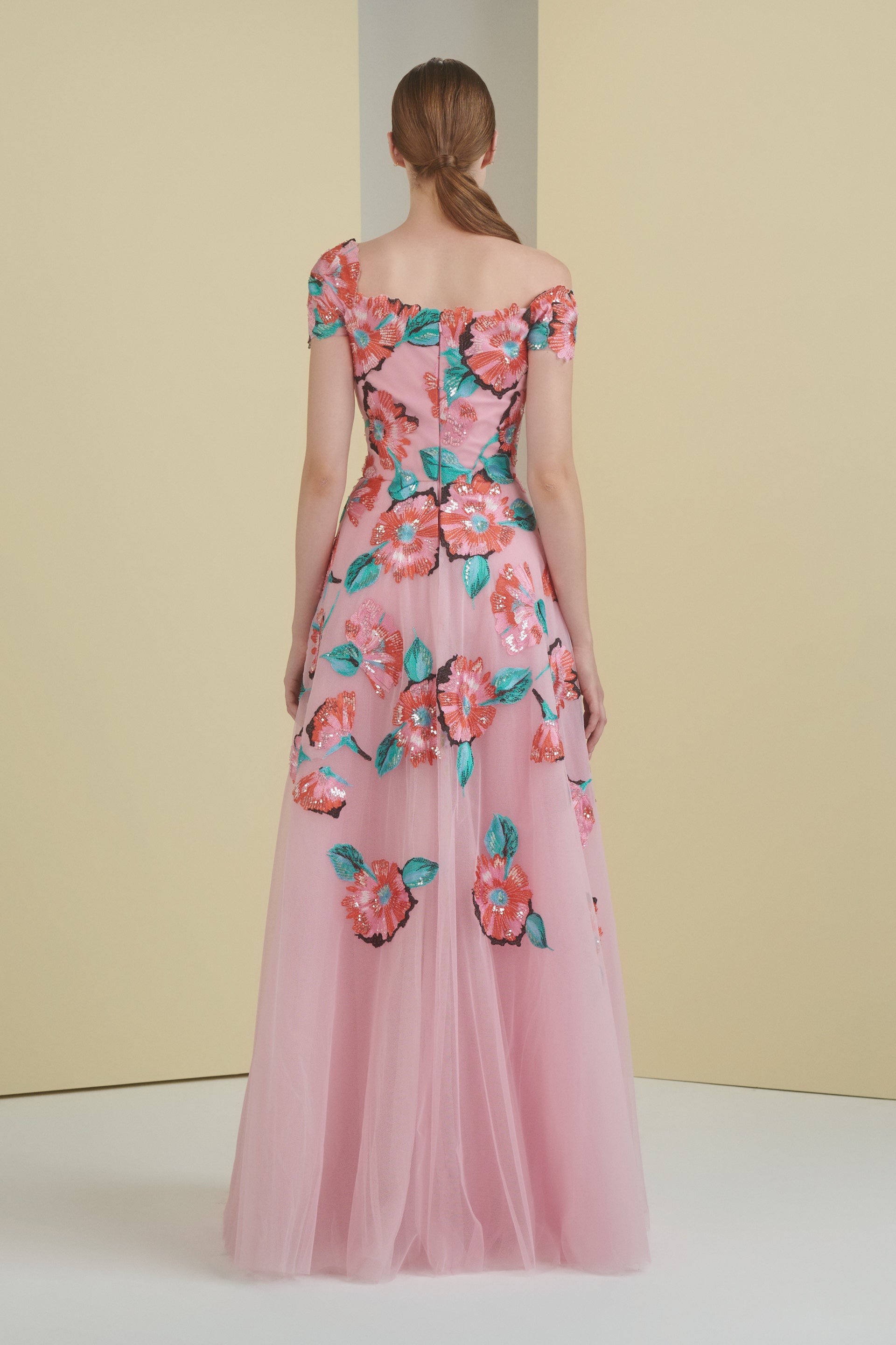 floral, flowers, floral tulle, embroidered tulle, asymmetrical neckline, cape sleeve, lavender gown, mother of the bride, tulle skirt, long dress, evening dress, beading dress, 3d embellished dress, red carpet dress, ready to wear designer, evening dress Dubai, buy dress Dubai, fashion designer Dubai, SS24 collection, Spring summer collection, gala dress