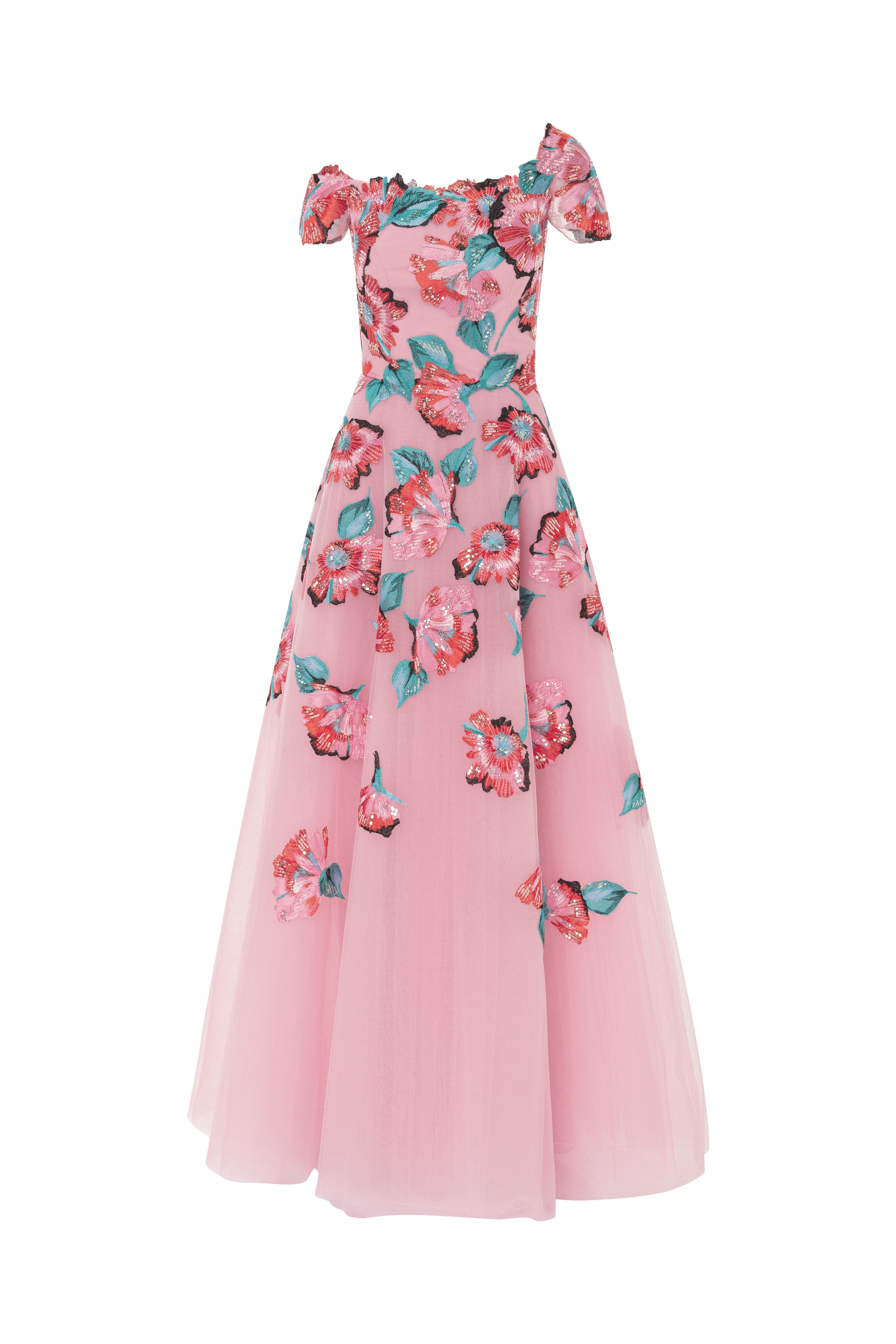 floral, flowers, floral tulle, embroidered tulle, asymmetrical neckline, cape sleeve, lavender gown, mother of the bride, tulle skirt, long dress, evening dress, beading dress, 3d embellished dress, red carpet dress, ready to wear designer, evening dress Dubai, buy dress Dubai, fashion designer Dubai, SS24 collection, Spring summer collection, gala dress