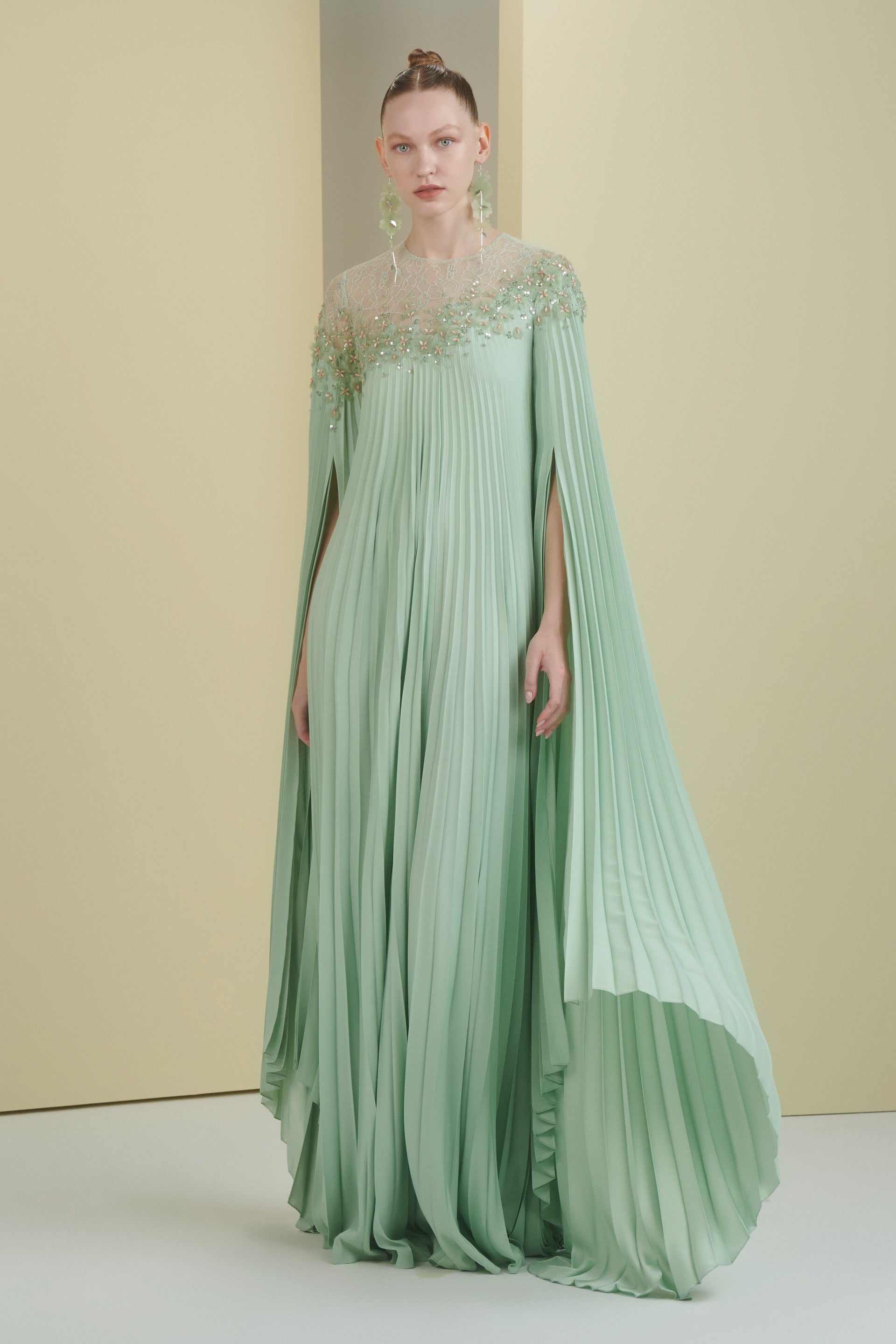 asymmetrical neckline, sunray pleated dress, beaded cape, cape, satin dress, long dress, evening dress, sunray pleat, pleated, beading dress, 3d embellished dress, red carpet dress, ready to wear designer, evening dress Dubai, buy dress Dubai, fashion designer Dubai, SS24 collection, Spring summer collection, gala dress
