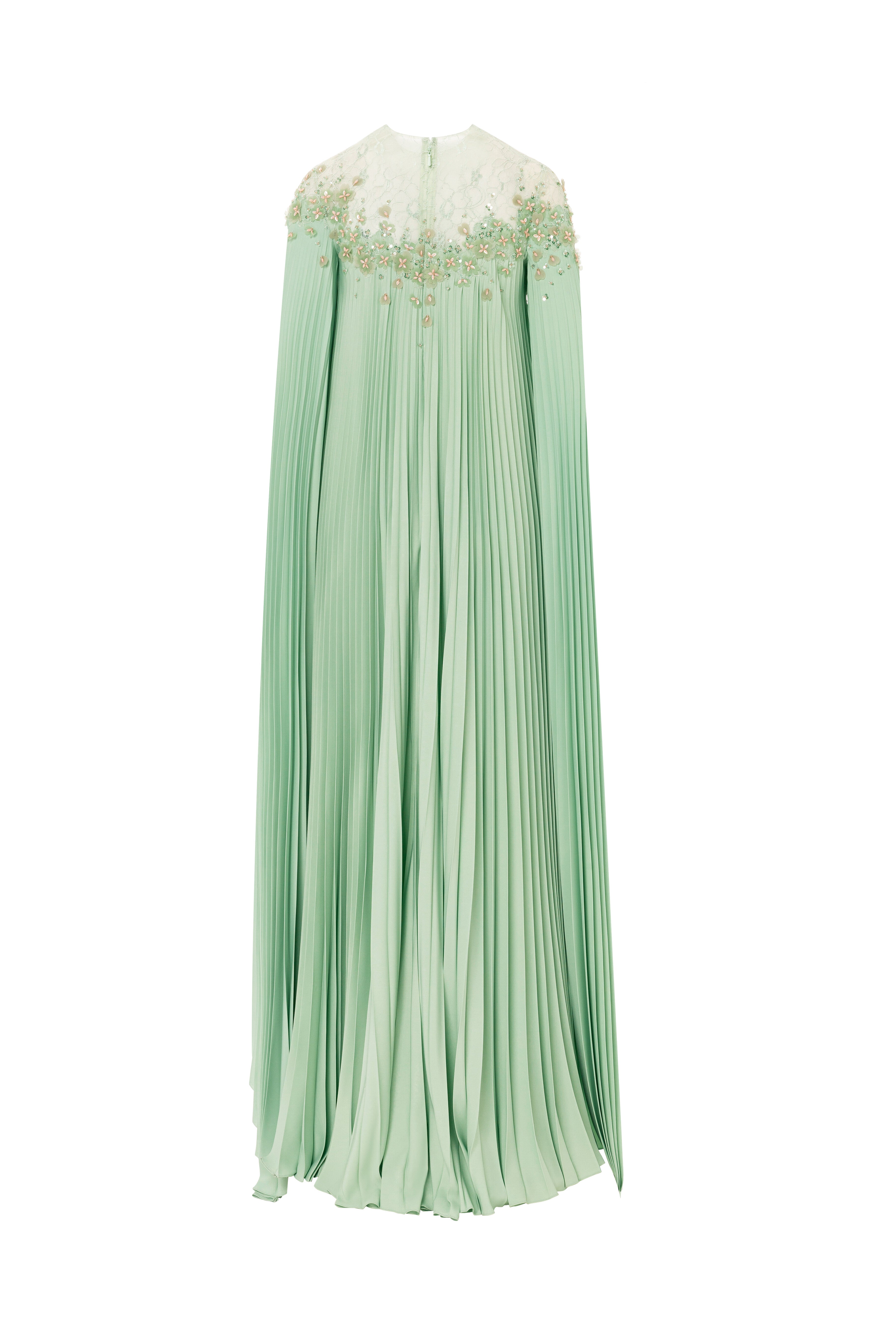 asymmetrical neckline, sunray pleated dress, beaded cape, cape, satin dress, long dress, evening dress, sunray pleat, pleated, beading dress, 3d embellished dress, red carpet dress, ready to wear designer, evening dress Dubai, buy dress Dubai, fashion designer Dubai, SS24 collection, Spring summer collection, gala dress