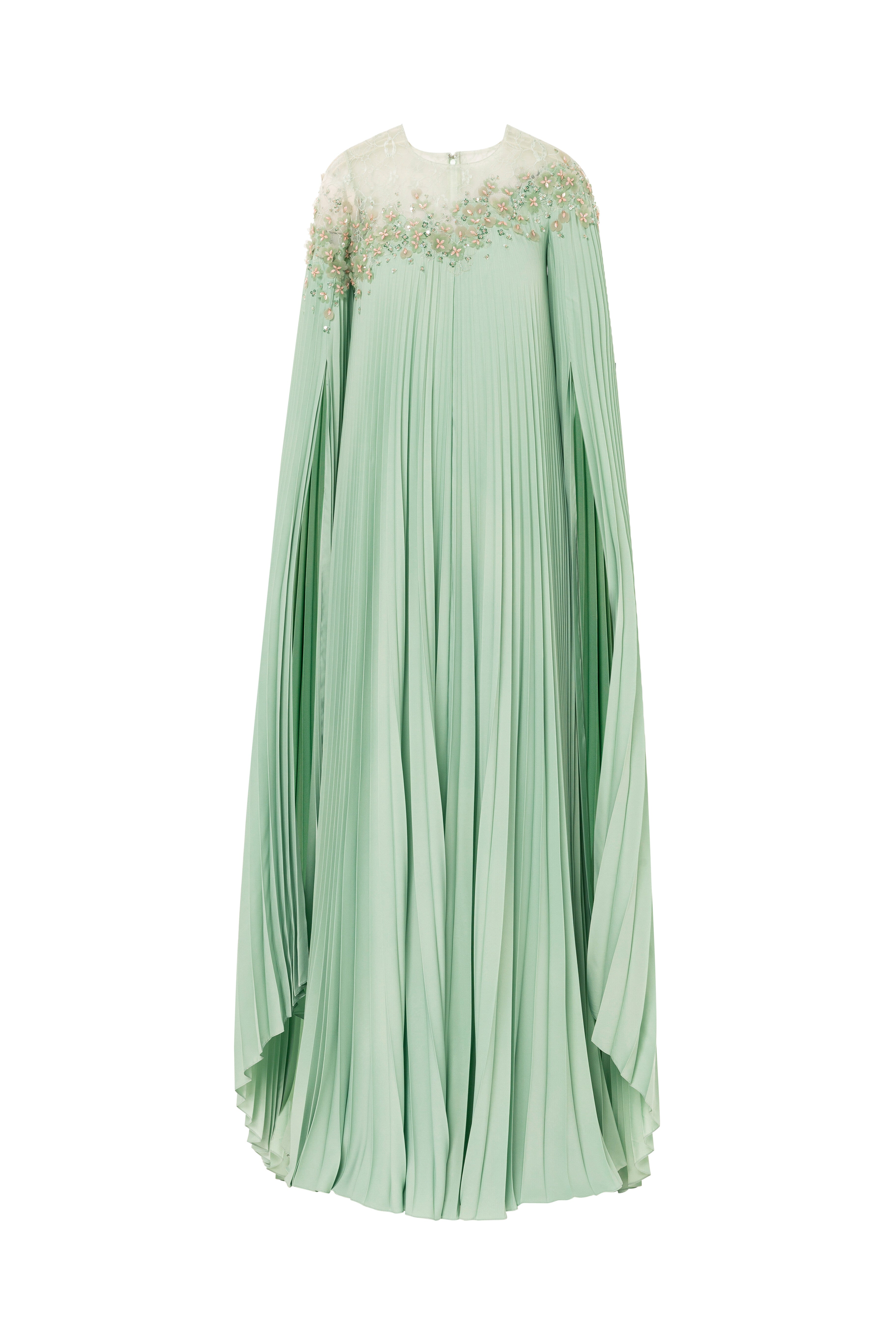 asymmetrical neckline, sunray pleated dress, beaded cape, cape, satin dress, long dress, evening dress, sunray pleat, pleated, beading dress, 3d embellished dress, red carpet dress, ready to wear designer, evening dress Dubai, buy dress Dubai, fashion designer Dubai, SS24 collection, Spring summer collection, gala dress