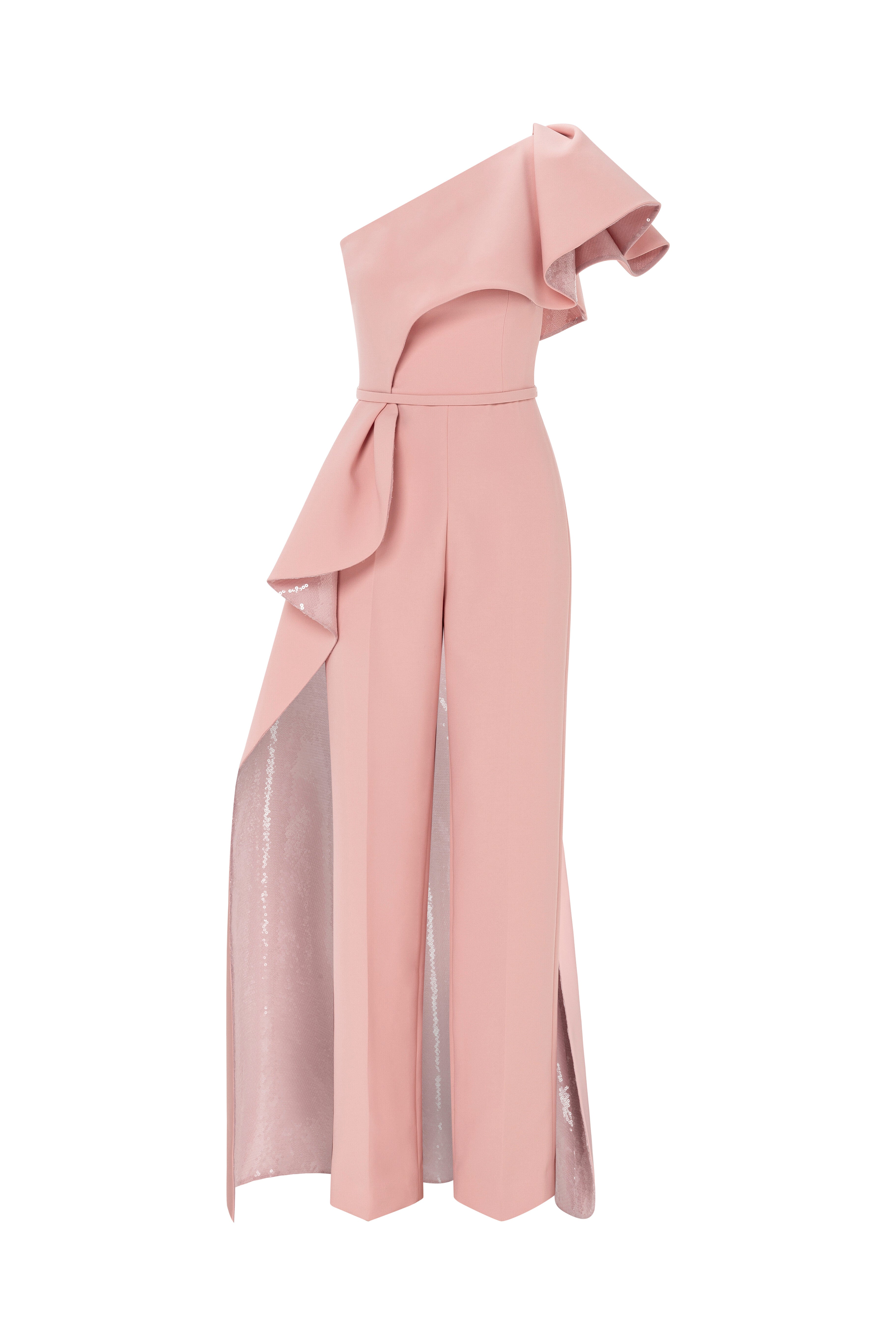 peach jumpsuit, jumpsuit, asymmetrical jumpsuit, ruffle jumpsuit, asymmetrical neckline jumpsuit, colour block jumpsuit, sequin jumpsuit, party jumpsuit, ready to wear designer, jumpsuit Dubai, buy jumpsuit Dubai, fashion designer Dubai, SS24 collection, Spring summer collection, gala jumpsuit
