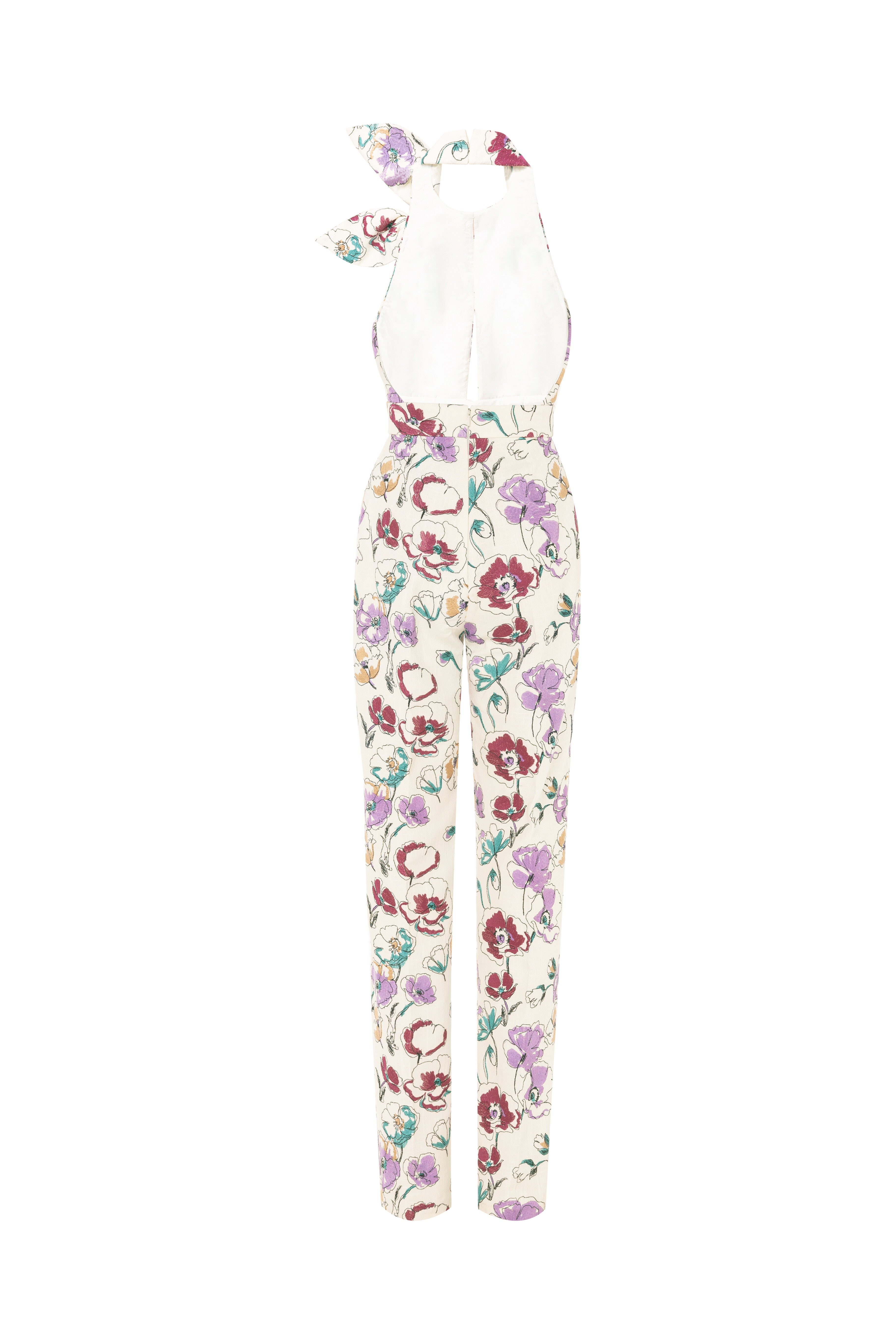 linen jumpsuit, floral, florals, embroidered linen, linen jumpsuit, halter neckline, cream, bow detail, backless jumpsuit, wide leg pant, ready to wear designer, evening dress Dubai, buy dress Dubai, fashion designer Dubai, SS24 collection, Spring summer collection, gala dress