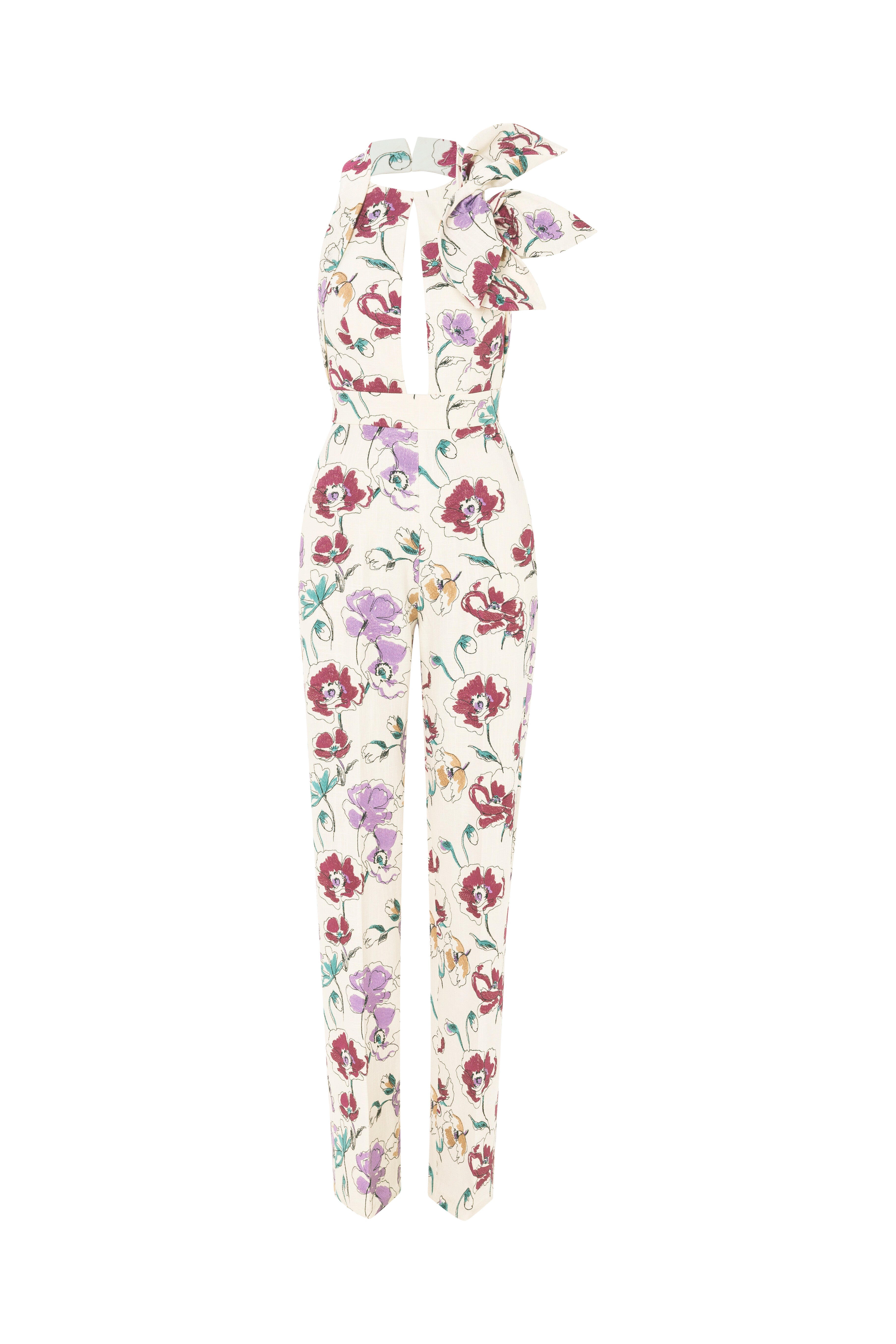 linen jumpsuit, floral, florals, embroidered linen, linen jumpsuit, halter neckline, cream, bow detail, backless jumpsuit, wide leg pant, ready to wear designer, evening dress Dubai, buy dress Dubai, fashion designer Dubai, SS24 collection, Spring summer collection, gala dress