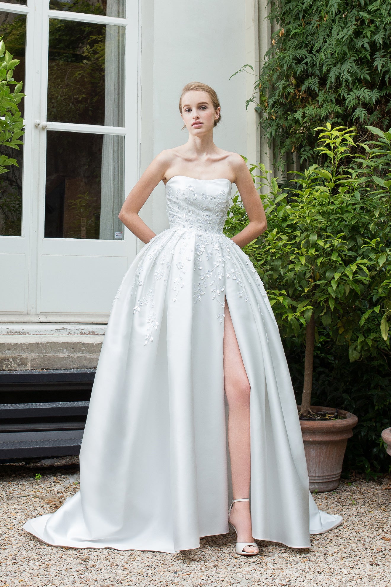 Strapless Ball Gown Wedding Dress With Corset Bodice, Front Slit And Back  Bow